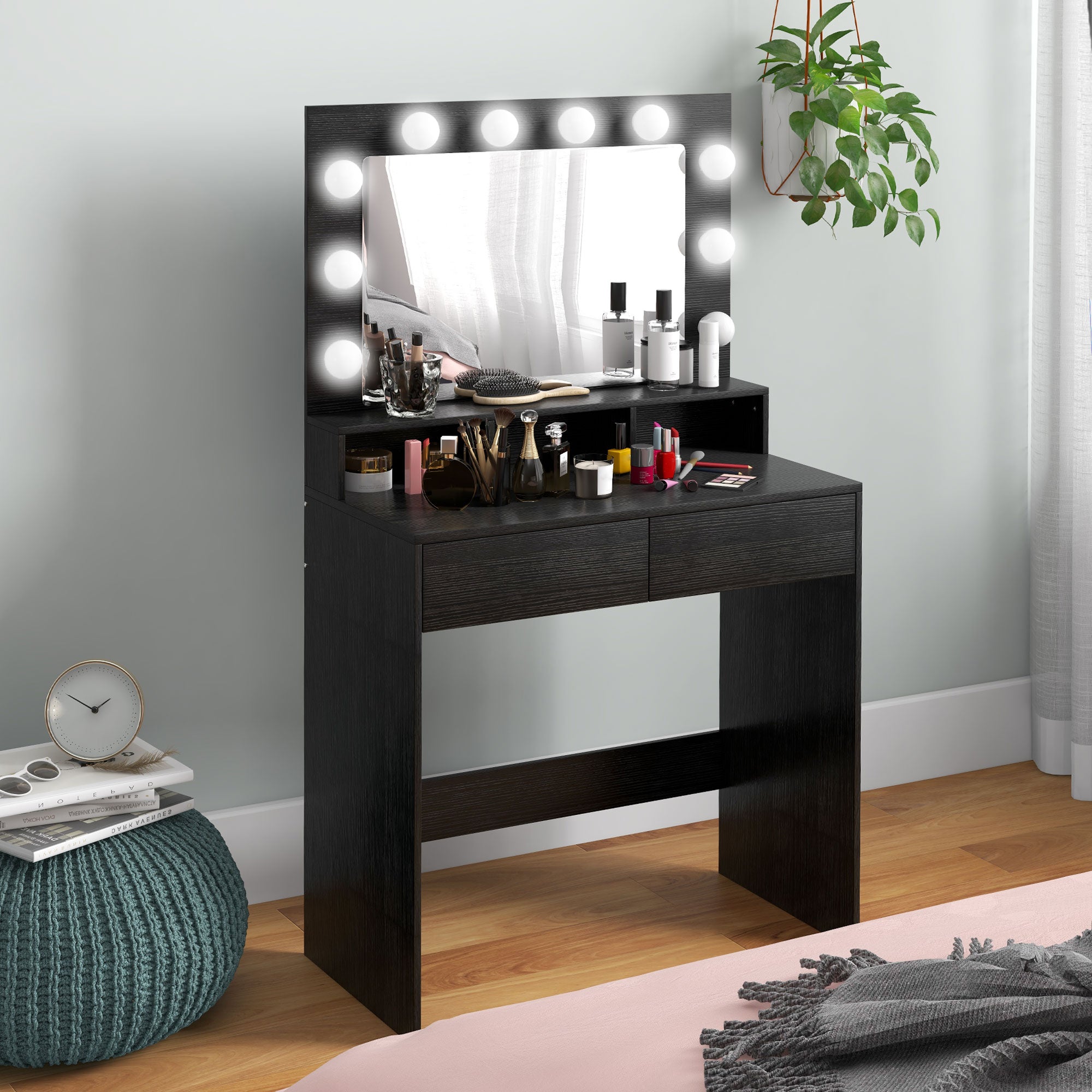 HOMCOM Vanity Table with Lighted Mirror, Makeup Table with Drawers, 3 Lighting Modes, 10 Bulbs, Modern Dressing Table for Bedroom, Black