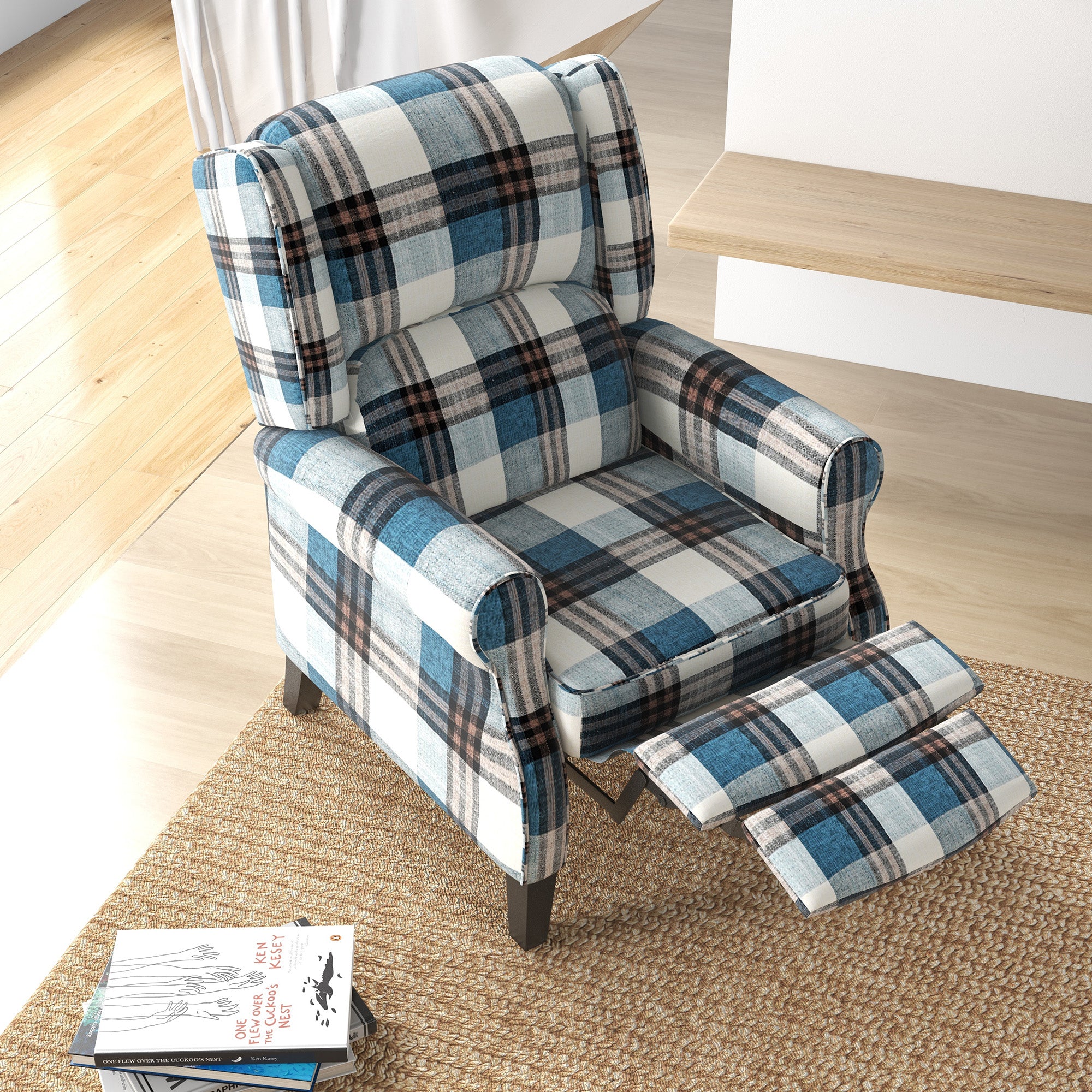 HOMCOM Wingback Reclining Armchair for Living Room, Pushback Recliner Chair with Footrest, Round Armrests and Rubber Wood Legs, Blue