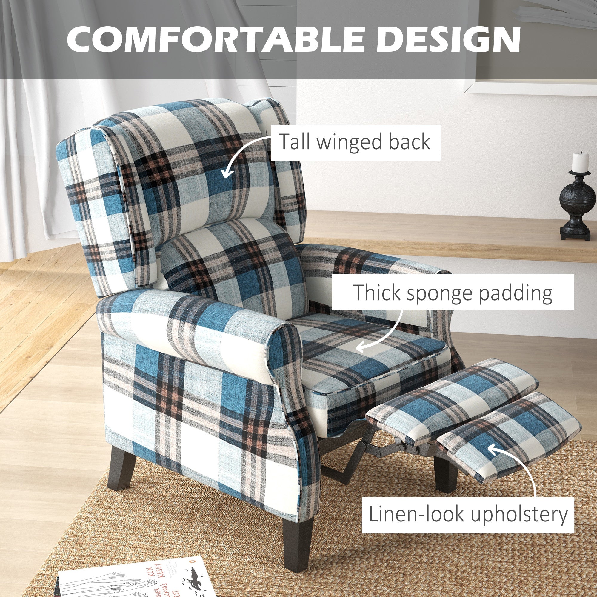 HOMCOM Wingback Reclining Armchair for Living Room, Pushback Recliner Chair with Footrest, Round Armrests and Rubber Wood Legs, Blue