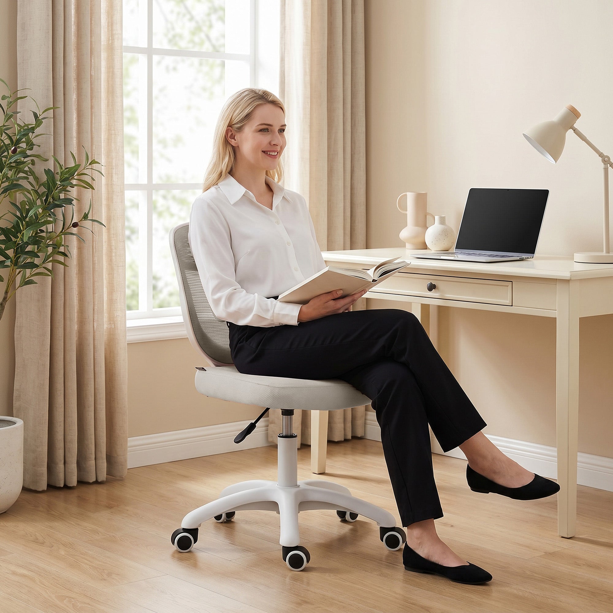 Ergonomic Office Chair, Armless Computer Desk Chair with Breathable Mesh Back, Padded Seat and Swivel Wheels, Adjustable Height for Home Office Study Bedroom, Grey