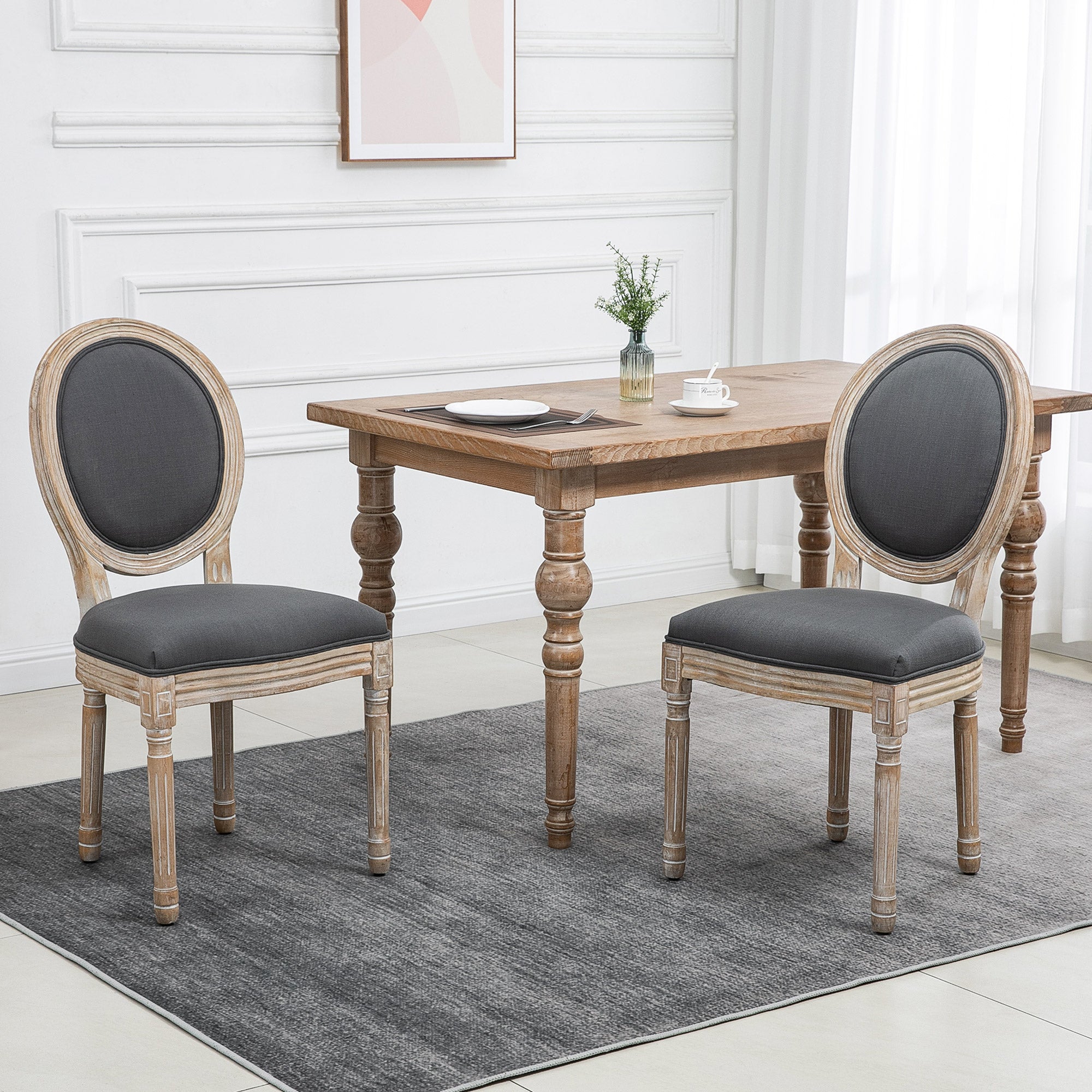 Dining Chairs Set of 2, French-Style Kitchen Chairs, Armless Accent Chairs with Linen Fabric Upholstery, Round Backrest and Solid Wooden Frame, Grey