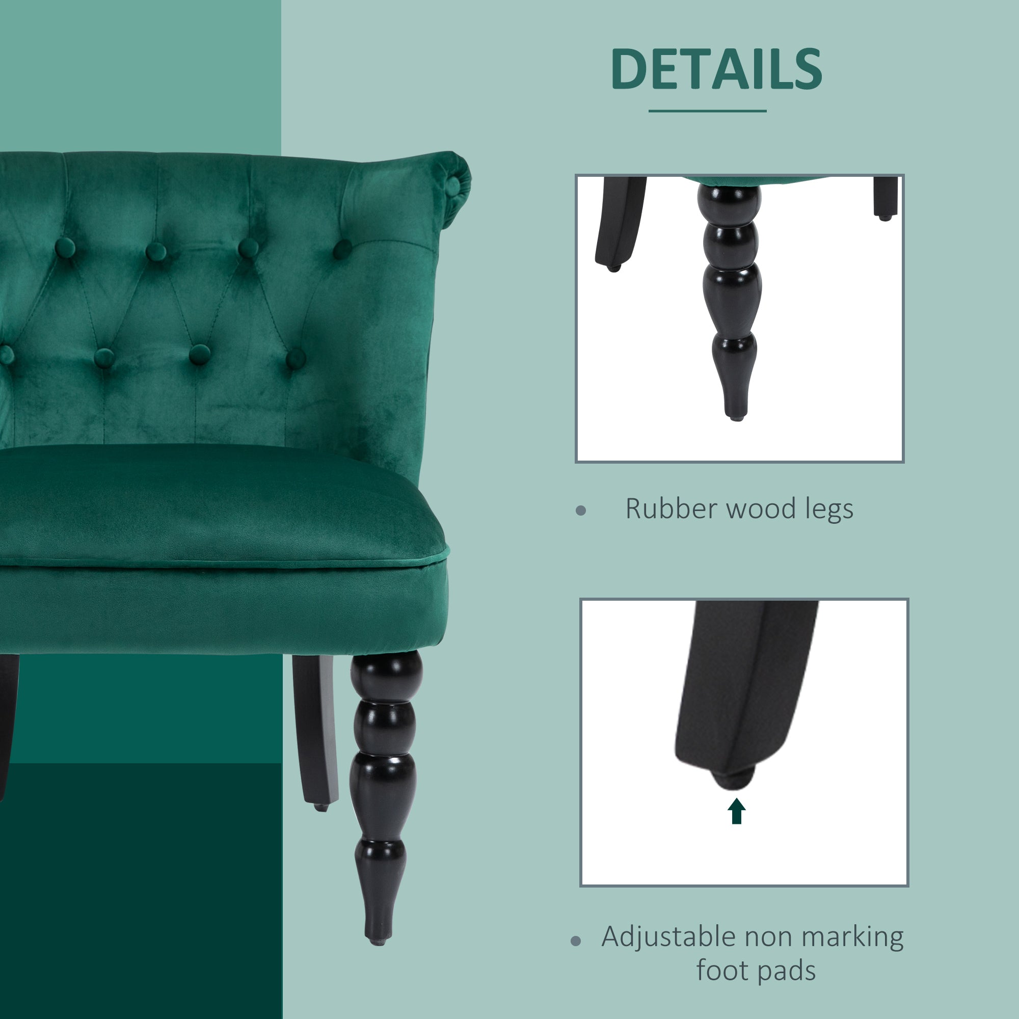 HOMCOM Vintage Leisure Accent Chair with Button Tufted Straight Back, Turned Legs, Thick Sponge Padding for Living Room, Dining Room, Study, Dark Green