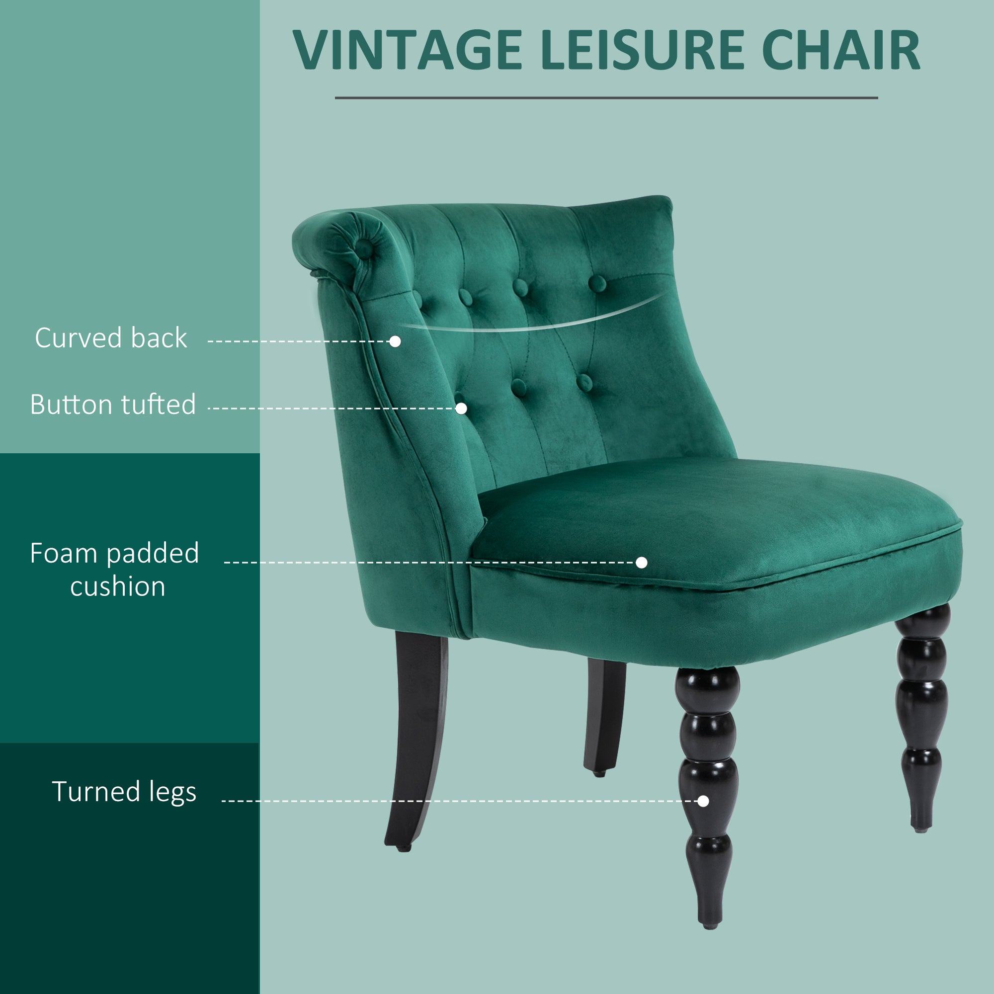 HOMCOM Vintage Leisure Accent Chair with Button Tufted Straight Back, Turned Legs, Thick Sponge Padding for Living Room, Dining Room, Study, Dark Green