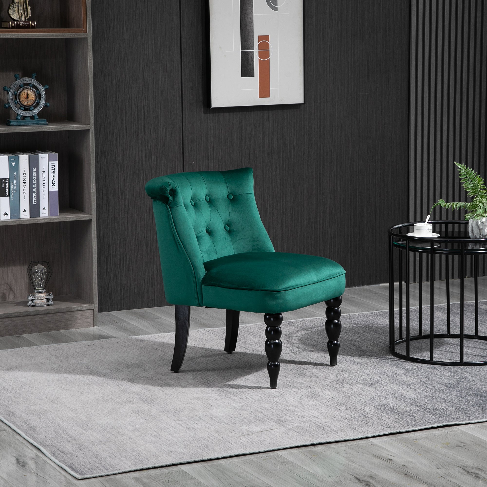 HOMCOM Vintage Leisure Accent Chair with Button Tufted Straight Back, Turned Legs, Thick Sponge Padding for Living Room, Dining Room, Study, Dark Green