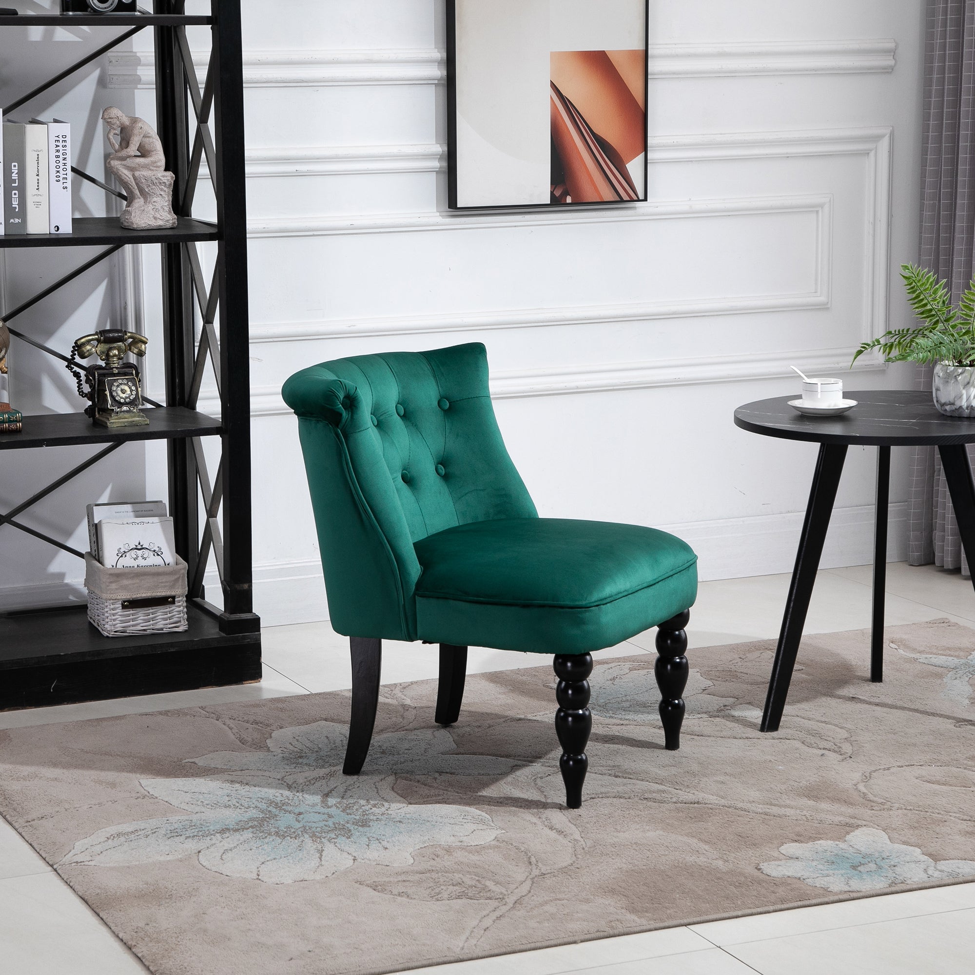 HOMCOM Vintage Leisure Accent Chair with Button Tufted Straight Back, Turned Legs, Thick Sponge Padding for Living Room, Dining Room, Study, Dark Green