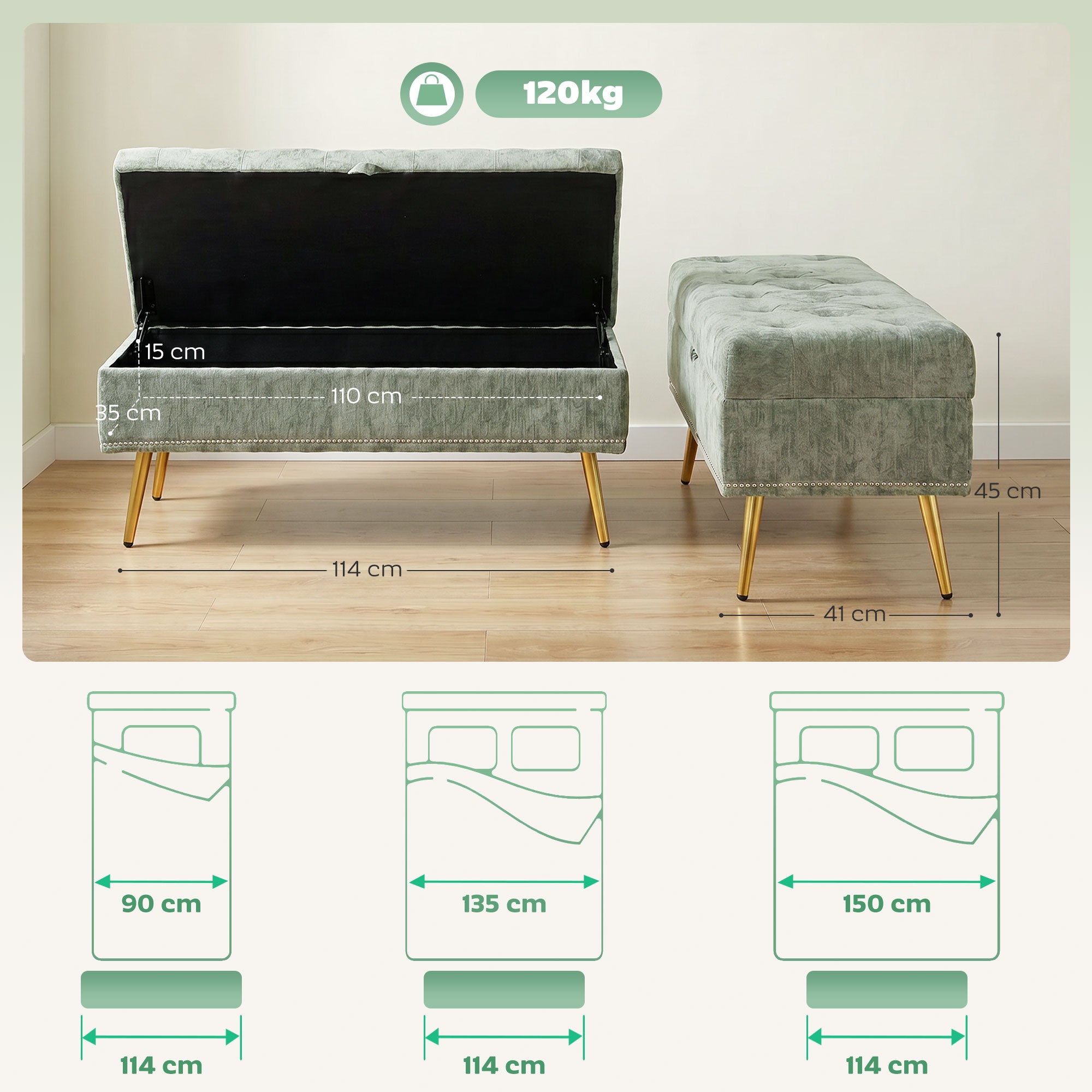 Storage Ottoman, Chenille Upholstered Ottoman Storage Box with Padded Seat, End of Bed Bench with Metal Legs for Bedroom, Hallway, Living Room, 114 x 41 x 45 cm, Light Green