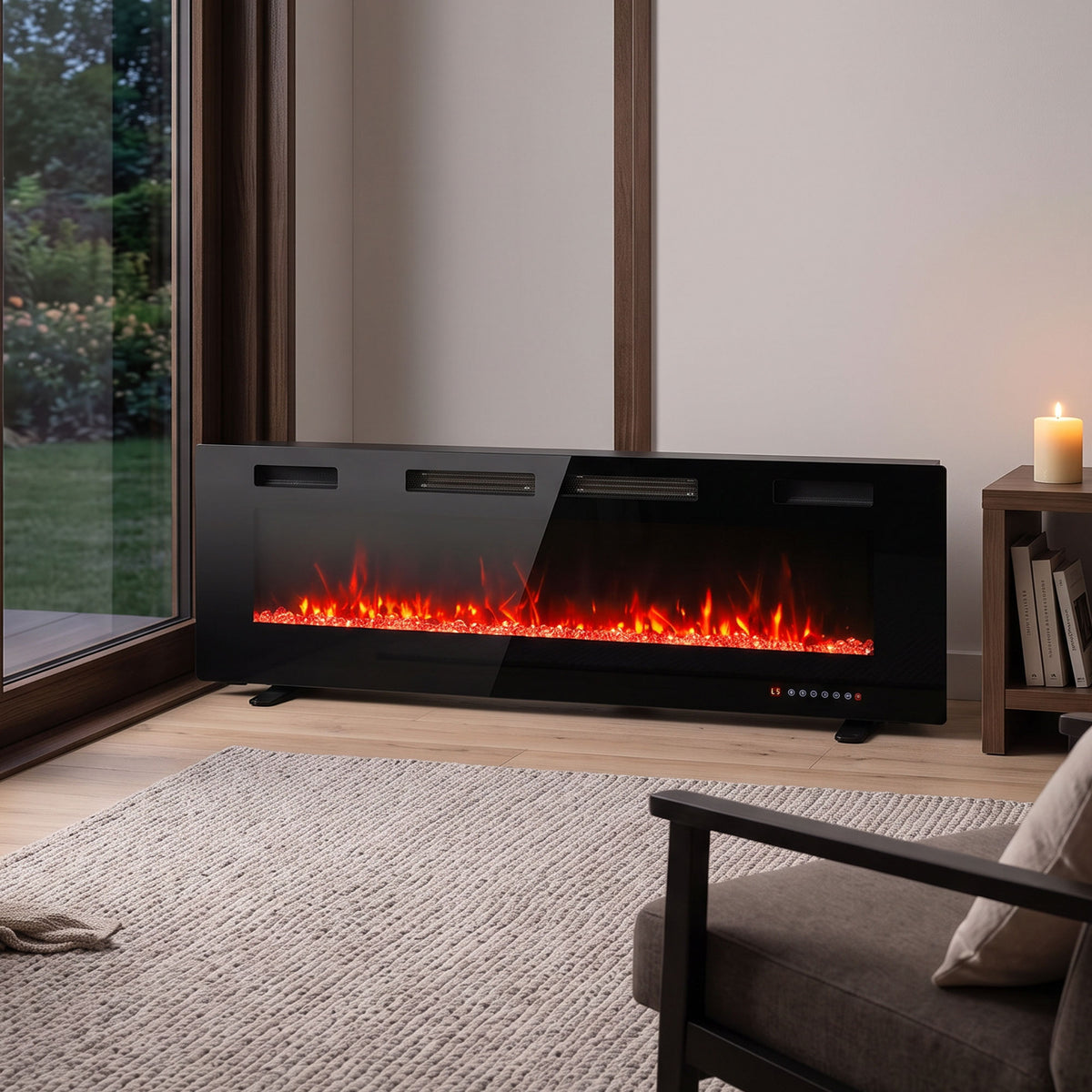 60\" Electric Fireplace Insert, Ultra-Thin Recessed, Wall Mounted and Freestanding Fireplace w/ Flame Effect, Adjustable Brightness, Crystal Stone, Remote, 750W/1500W, Black