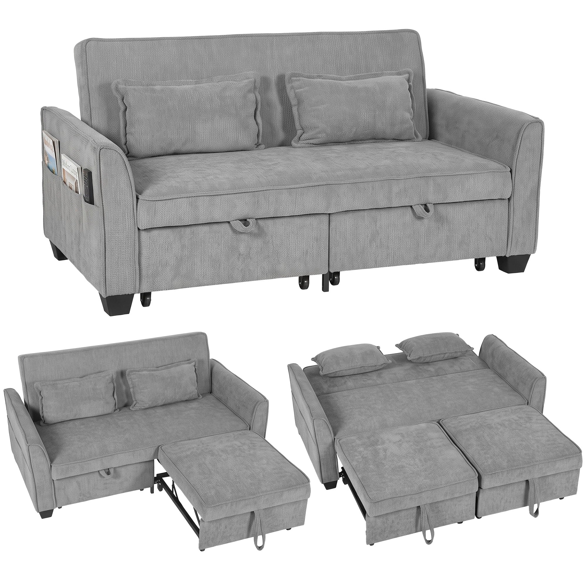2 Seater Sofa Bed, 4-in-1 L Shaped Convertible Pull Out Sleeper Sofa with Adjustable Backrest, Chenille Loveseat with 2 Pillows, Wide Deep Seat, Side Pockets for Living Room, Grey