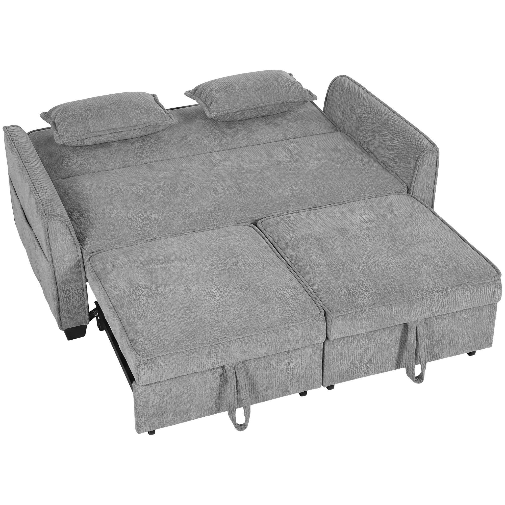 2 Seater Sofa Bed, 4-in-1 L Shaped Convertible Pull Out Sleeper Sofa with Adjustable Backrest, Chenille Loveseat with 2 Pillows, Wide Deep Seat, Side Pockets for Living Room, Grey