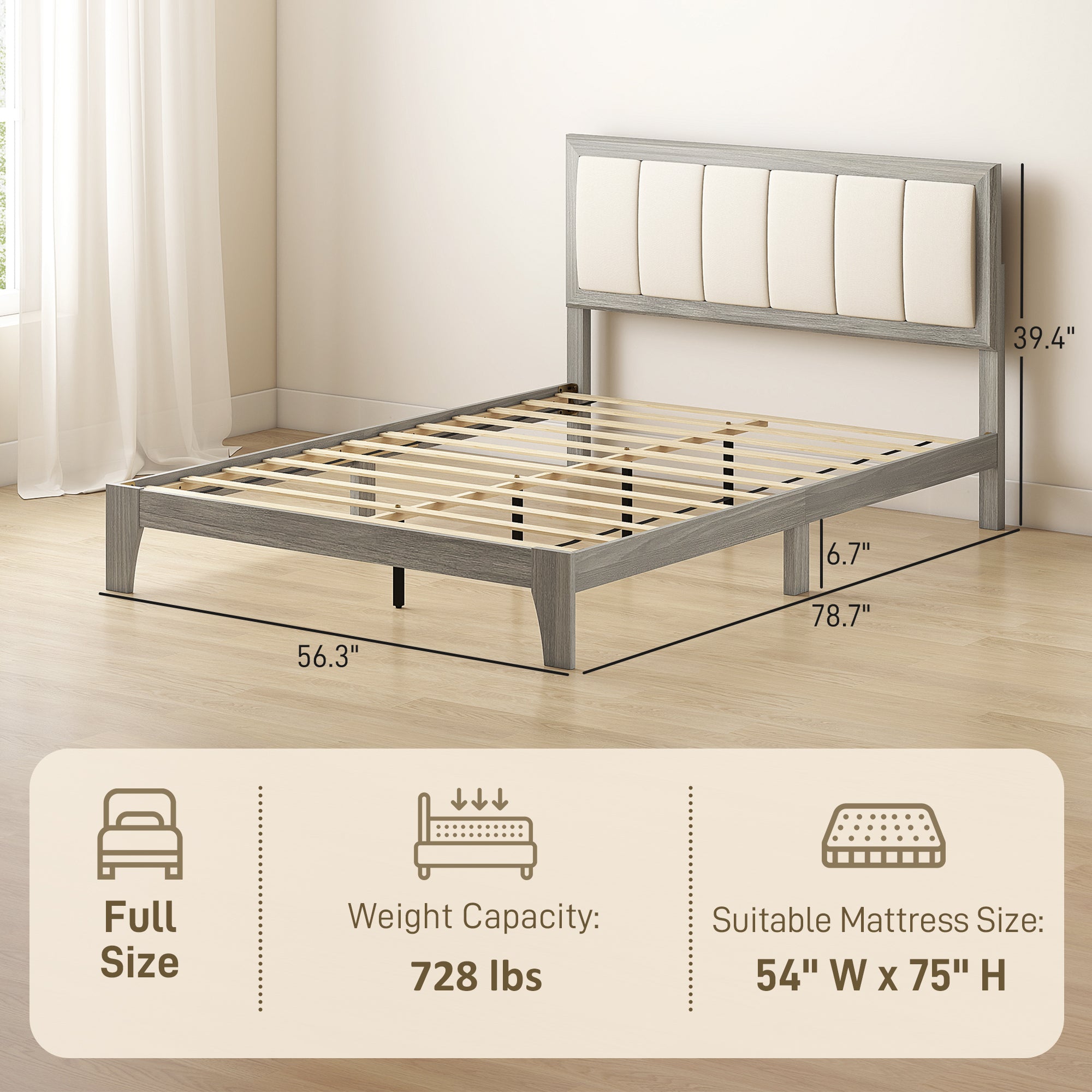 Full Size Bed Frame with Upholstered Headboard, Platform Bed Frame with Wooden Slats, No Box Spring Needed, Easy Assembly, Gray