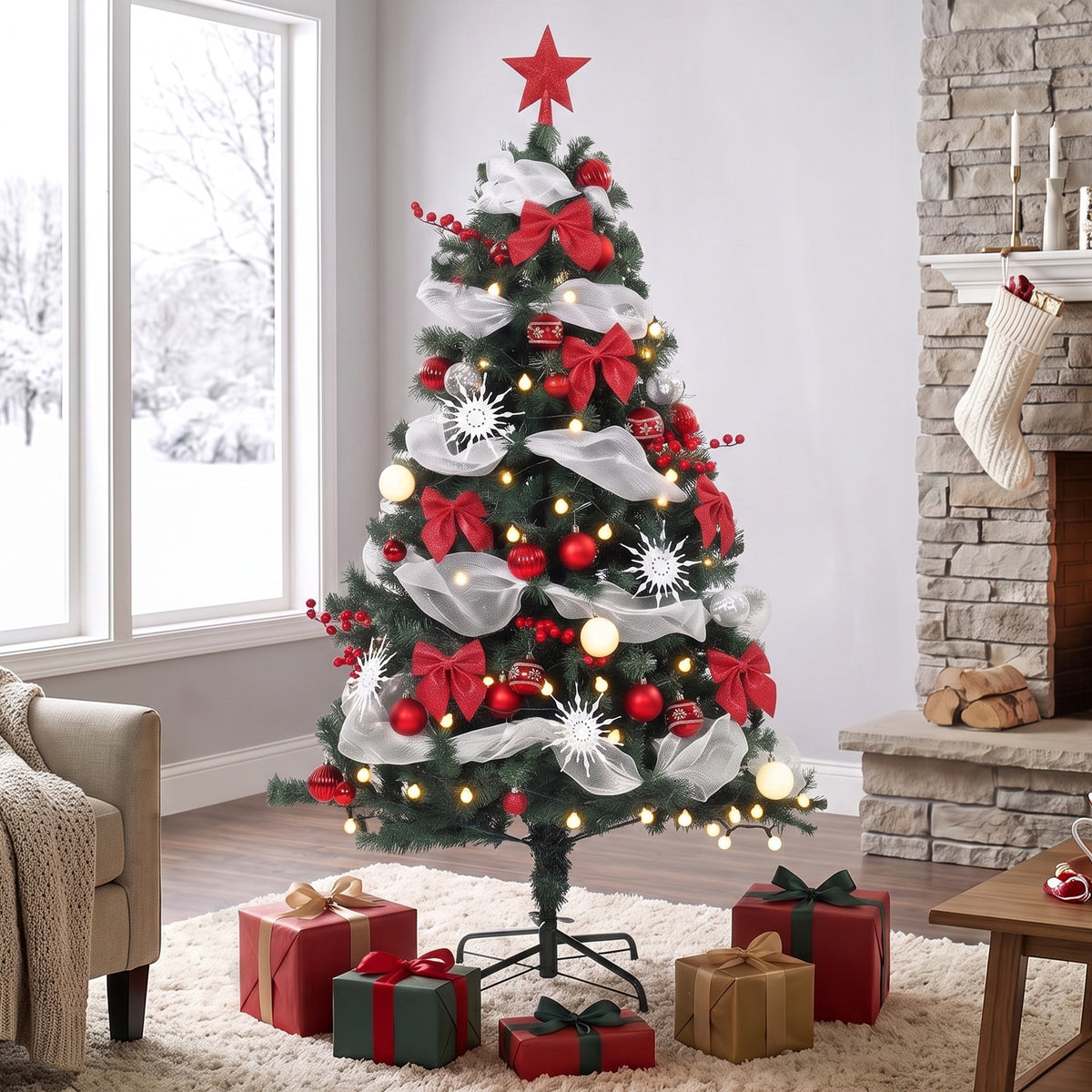5ft Prelit Christmas Tree Spruce, Remote, Hinged, Artificial Xmas Tree with 8 Modes, 450 Tips, 150 LEDs, Balls, Ribbons, Bows, Foldable Metal Base, Green and Red