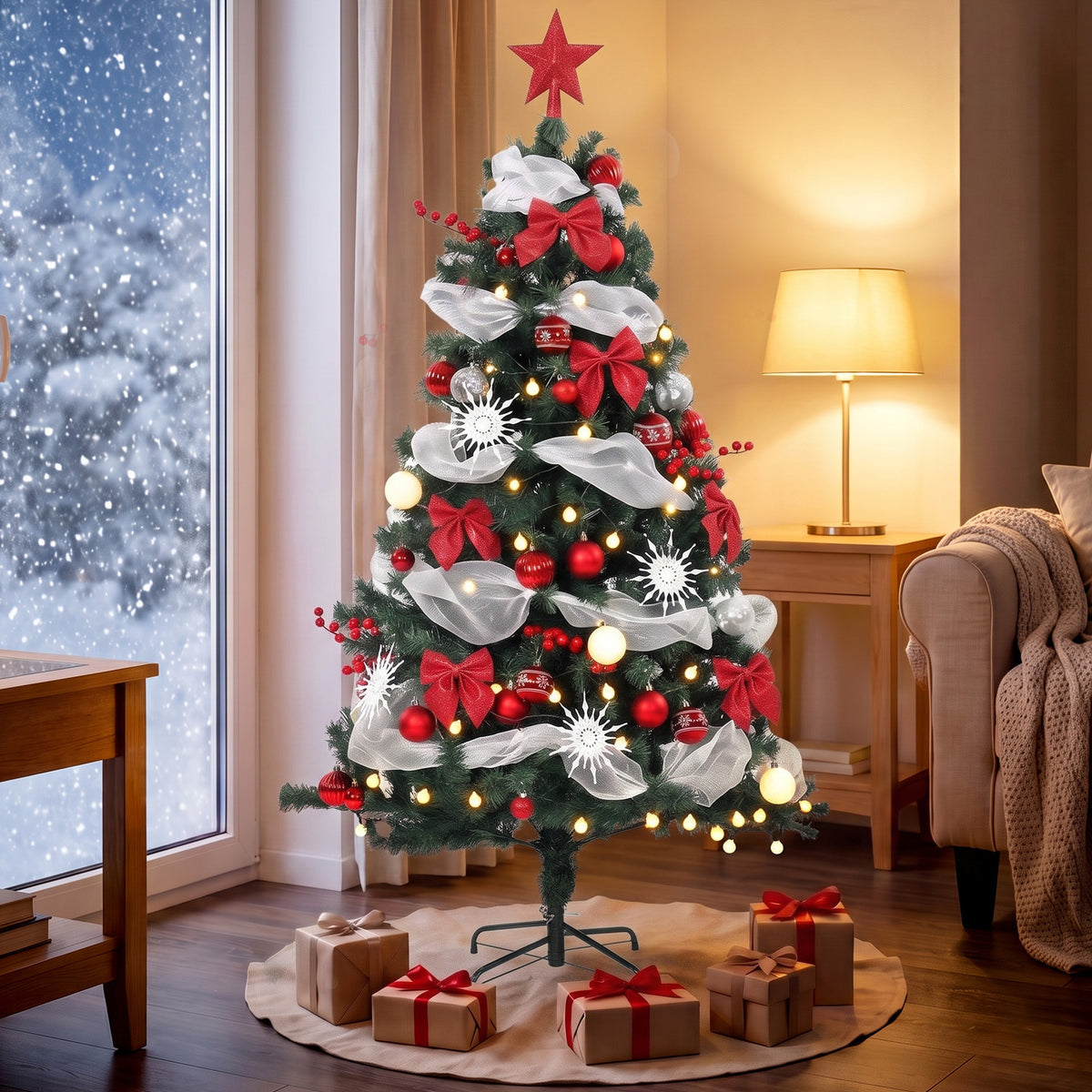 5ft Prelit Christmas Tree Spruce, Remote, Hinged, Artificial Xmas Tree with 8 Modes, 450 Tips, 150 LEDs, Balls, Ribbons, Bows, Foldable Metal Base, Green and Red