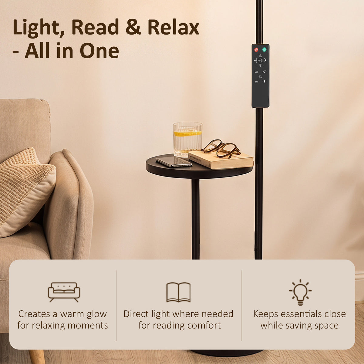 LED Uplighter Floor Lamp with Table, Dual Light Dimmable Standing Lamp with Magnetic Remote, 4 Colour Temperatures,  Adjustable Reading Light for Bedroom Living Room, Black