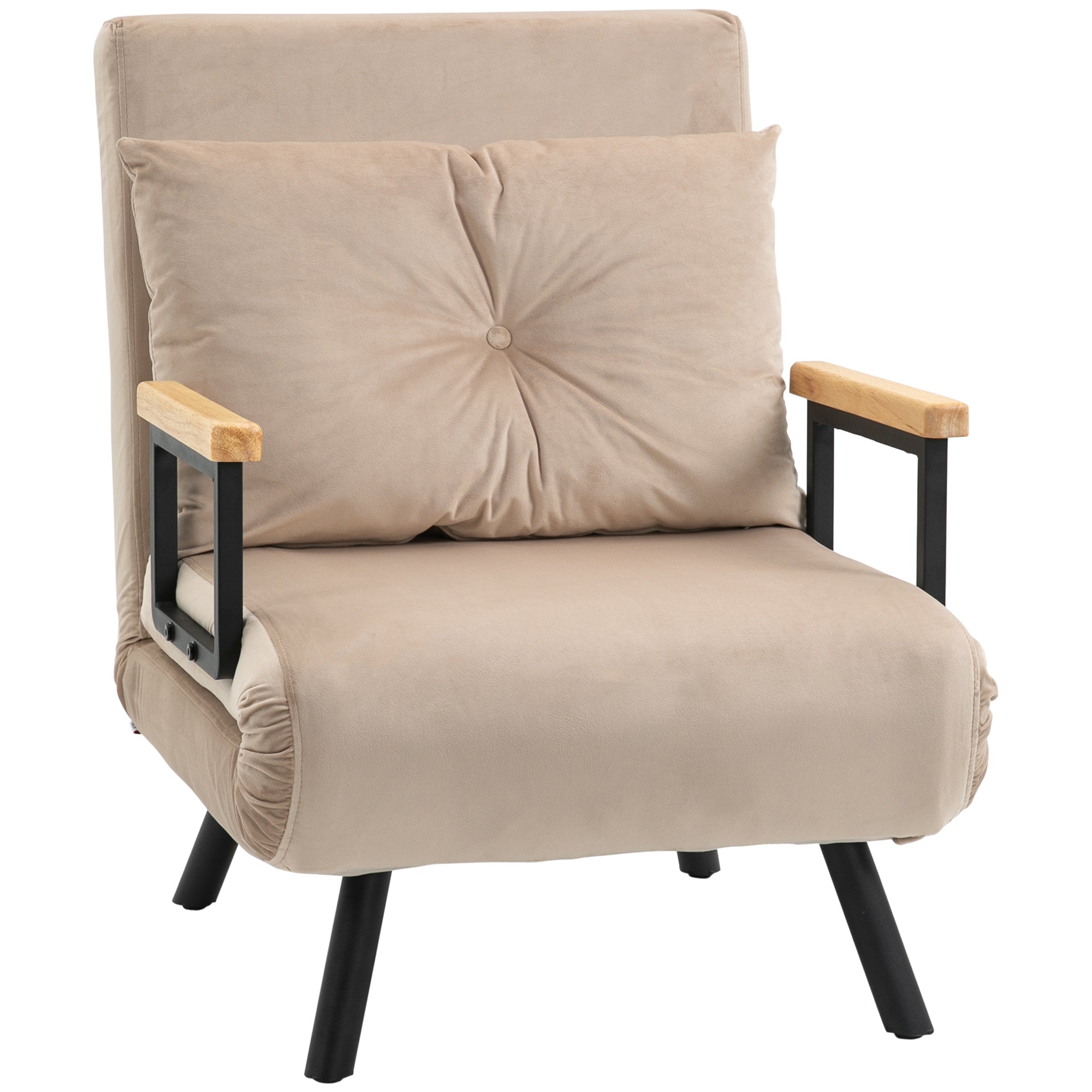 HOMCOM Single Chair Bed, Click Clack Convertible Bed Settee, Modern Velvet Feel Fabric Chair Couch with 1 Tufted Cushion, Wood Armrests, for Living Room, Bedroom, Guest Room, Beige