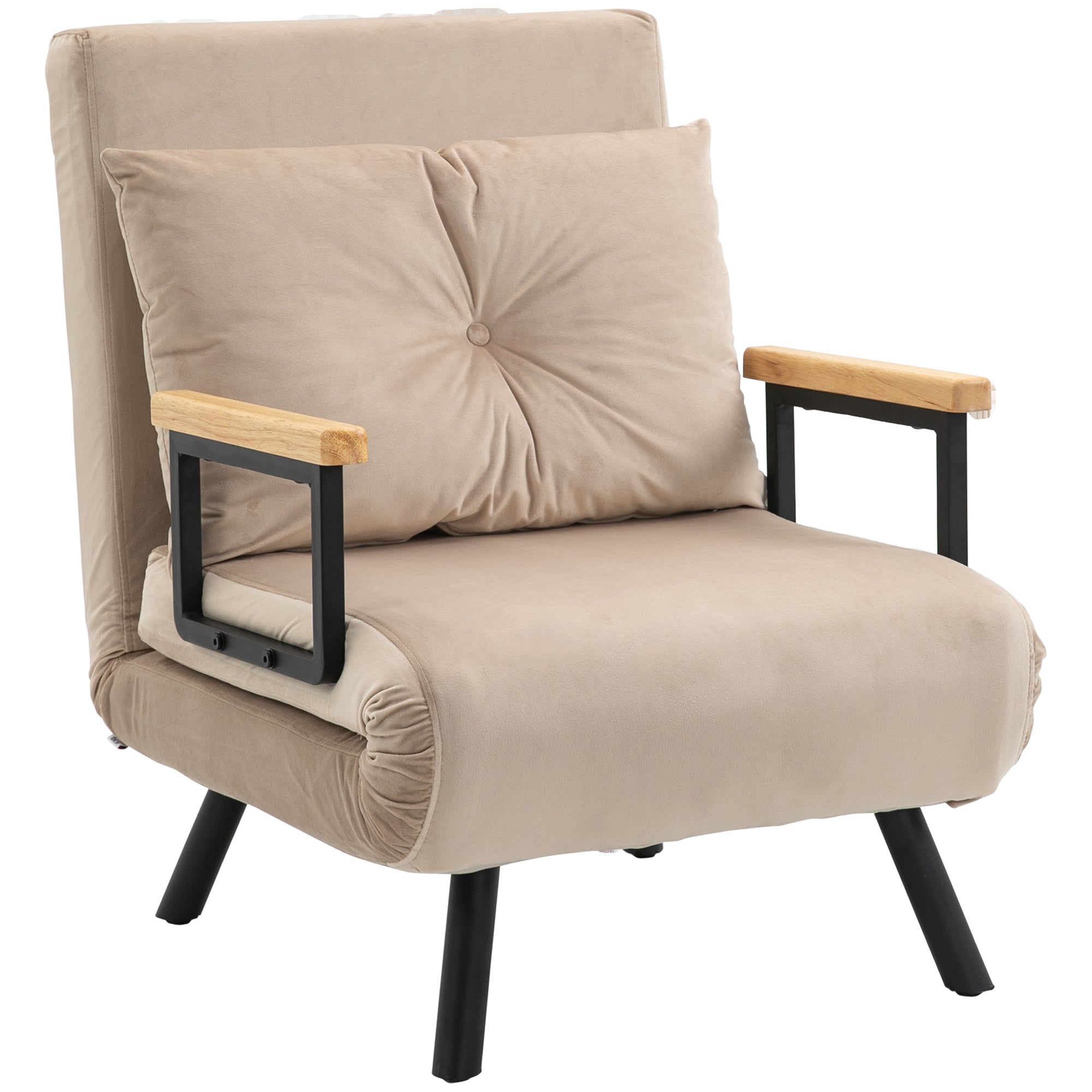 HOMCOM Single Chair Bed, Click Clack Convertible Bed Settee, Modern Velvet Feel Fabric Chair Couch with 1 Tufted Cushion, Wood Armrests, for Living Room, Bedroom, Guest Room, Beige