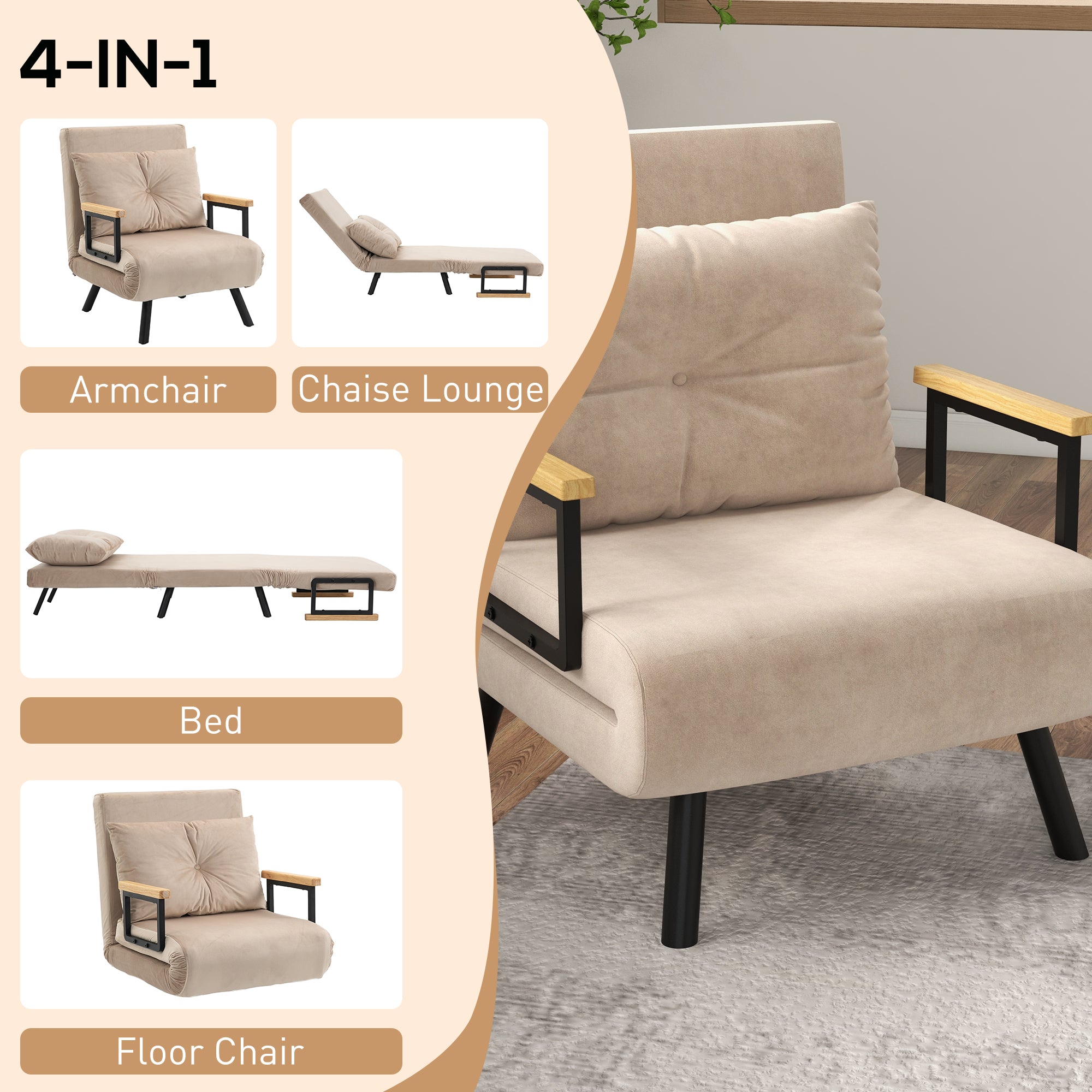 HOMCOM Single Chair Bed, Click Clack Convertible Bed Settee, Modern Velvet Feel Fabric Chair Couch with 1 Tufted Cushion, Wood Armrests, for Living Room, Bedroom, Guest Room, Beige