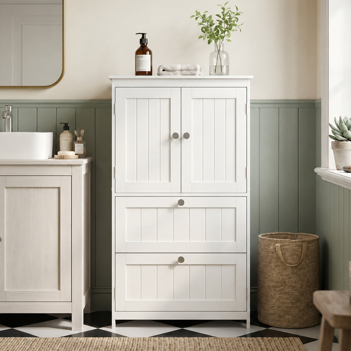 Bathroom Storage Cabinet, Freestanding Bathroom Cabinet with 2 Drawers, Adjustable Shelf, Beadboard Doors for Living Room, Entryway, Kitchen, White