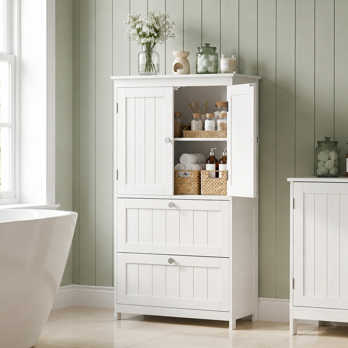 Bathroom Storage Cabinet, Freestanding Bathroom Cabinet with 2 Drawers, Adjustable Shelf, Beadboard Doors for Living Room, Entryway, Kitchen, White