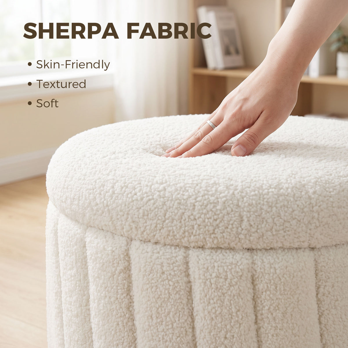Round Coffee Table with Hidden Storage, Sherpa Fleece Center Table with Dual Reversible Lid, Upholstered Storage Ottoman for Living Room, Cream White