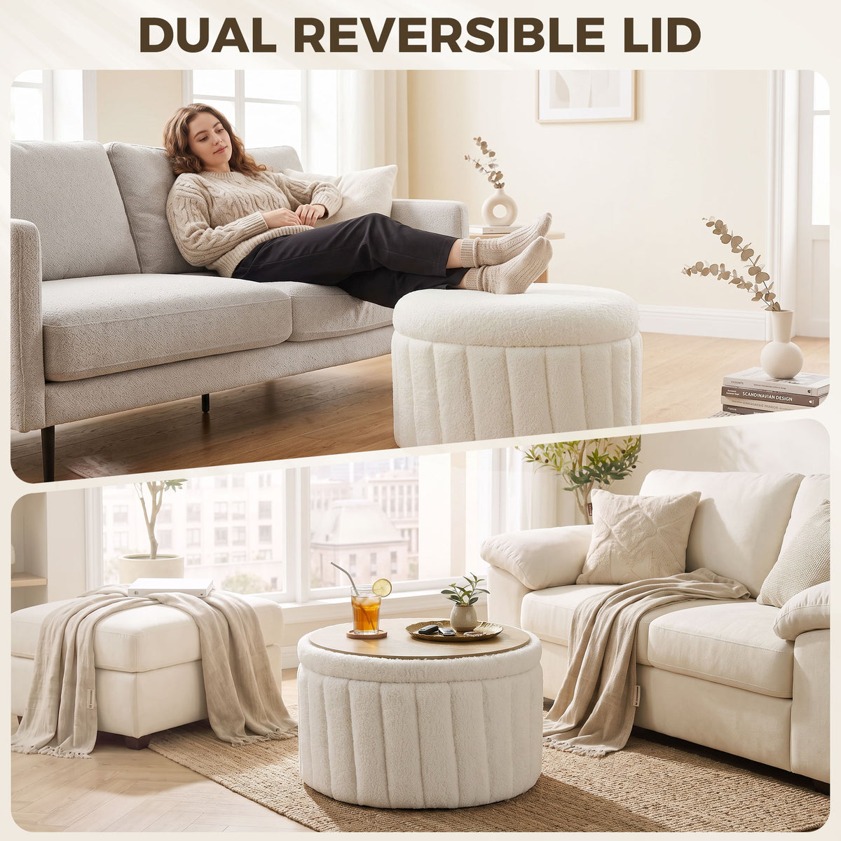 Round Coffee Table with Hidden Storage, Sherpa Fleece Center Table with Dual Reversible Lid, Upholstered Storage Ottoman for Living Room, Cream White