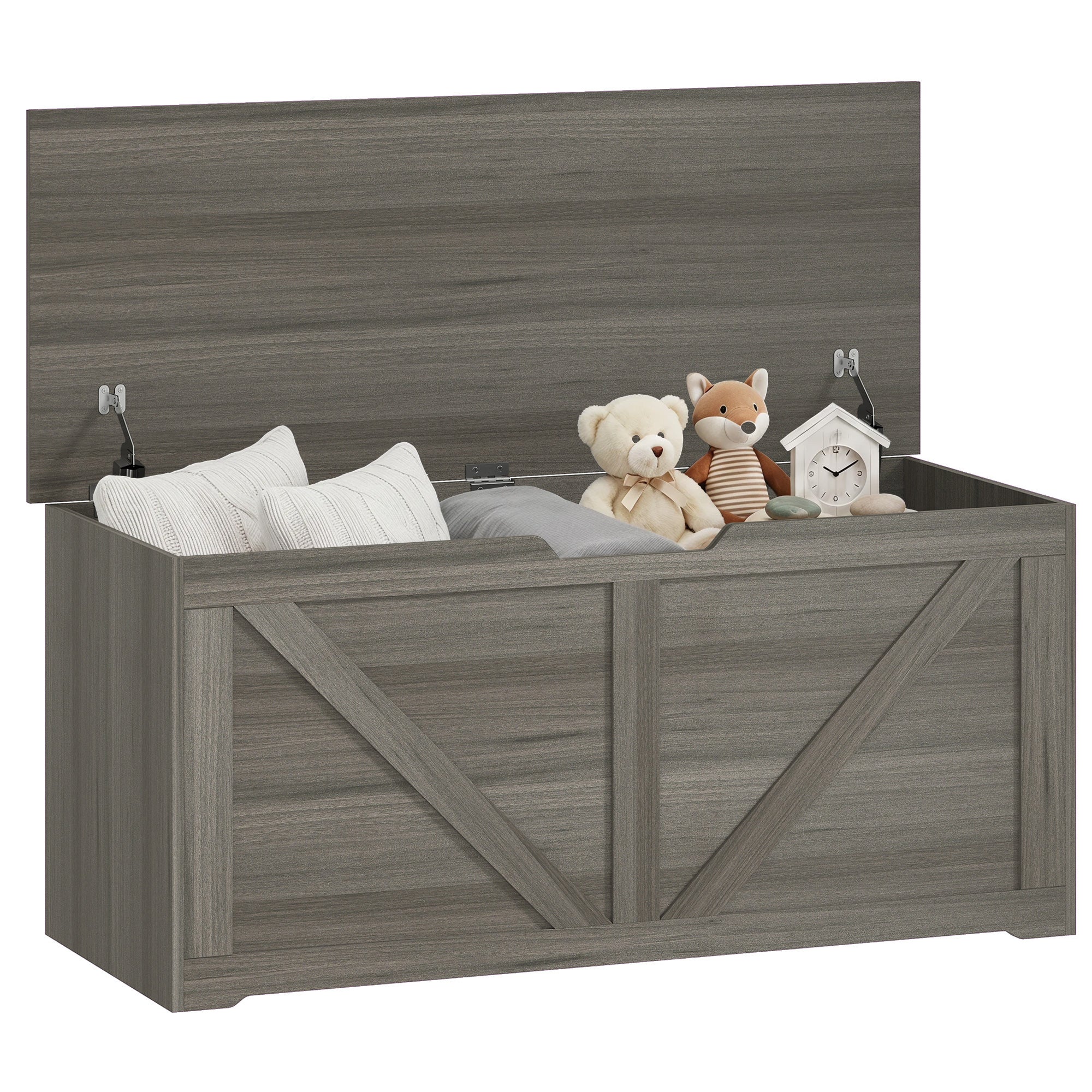 127L Storage Chest, Shoe Storage Trunk Bench Box with 2 Safety Hinges and U-shaped Cut-out Pull, Blanket Box Ottoman for Bedroom, Living Room, Entryway, 100 x 40 x 45 cm, Dark Grey Wood-Effect