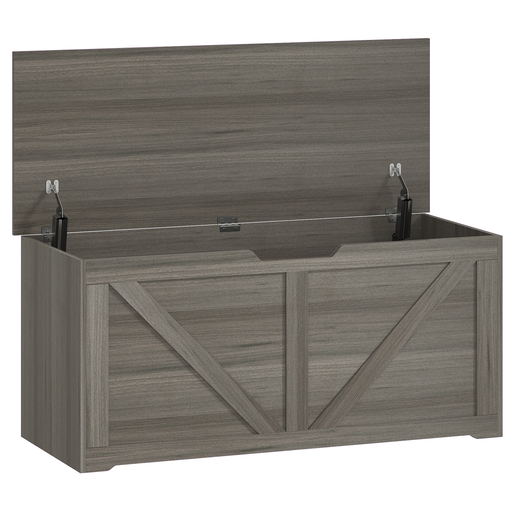 127L Storage Chest, Shoe Storage Trunk Bench Box with 2 Safety Hinges and U-shaped Cut-out Pull, Blanket Box Ottoman for Bedroom, Living Room, Entryway, 100 x 40 x 45 cm, Dark Grey Wood-Effect