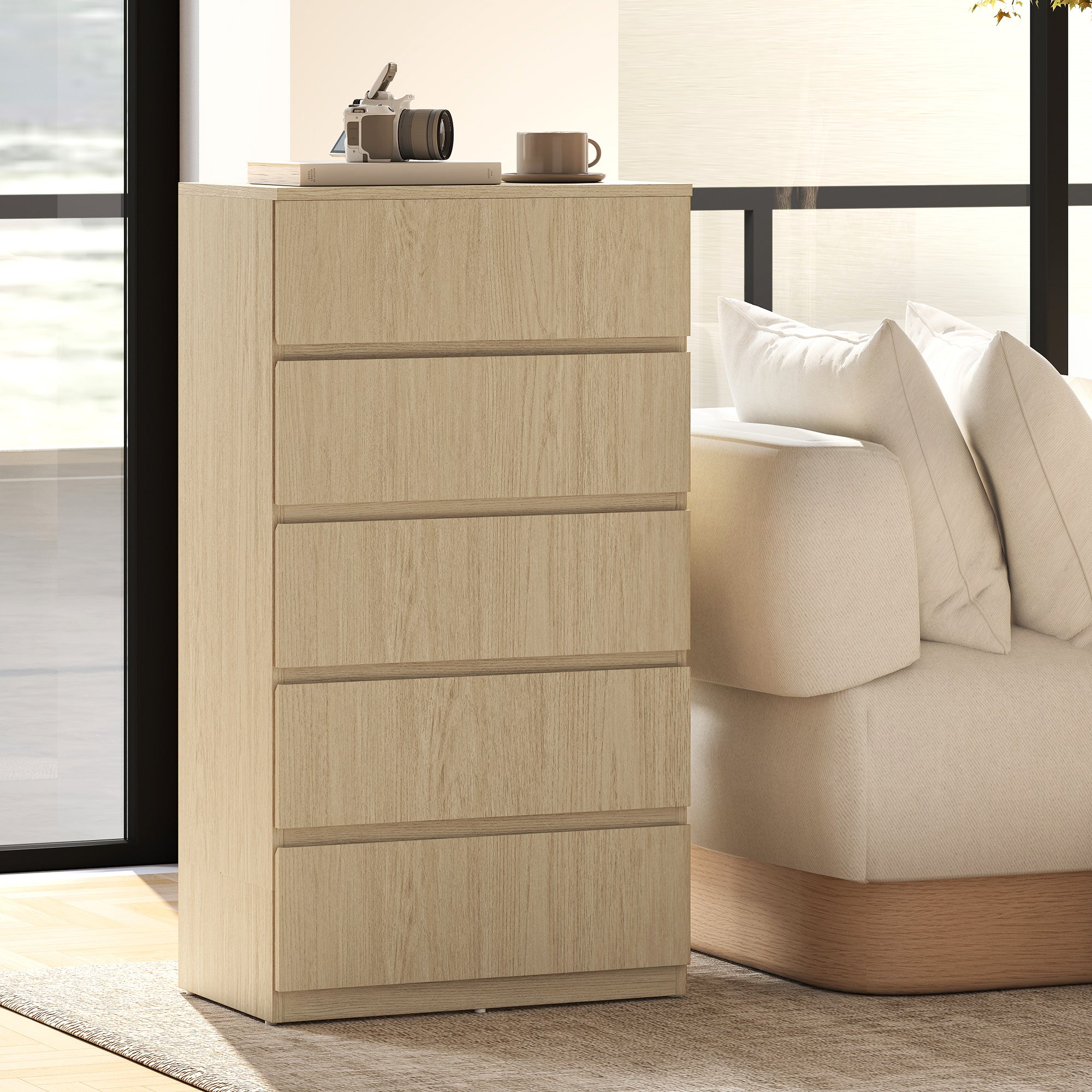 Chest of Drawers, 5 Drawers Storage Cabinet Floor Tower Cupboard for Bedroom Living Room, Natural Wood