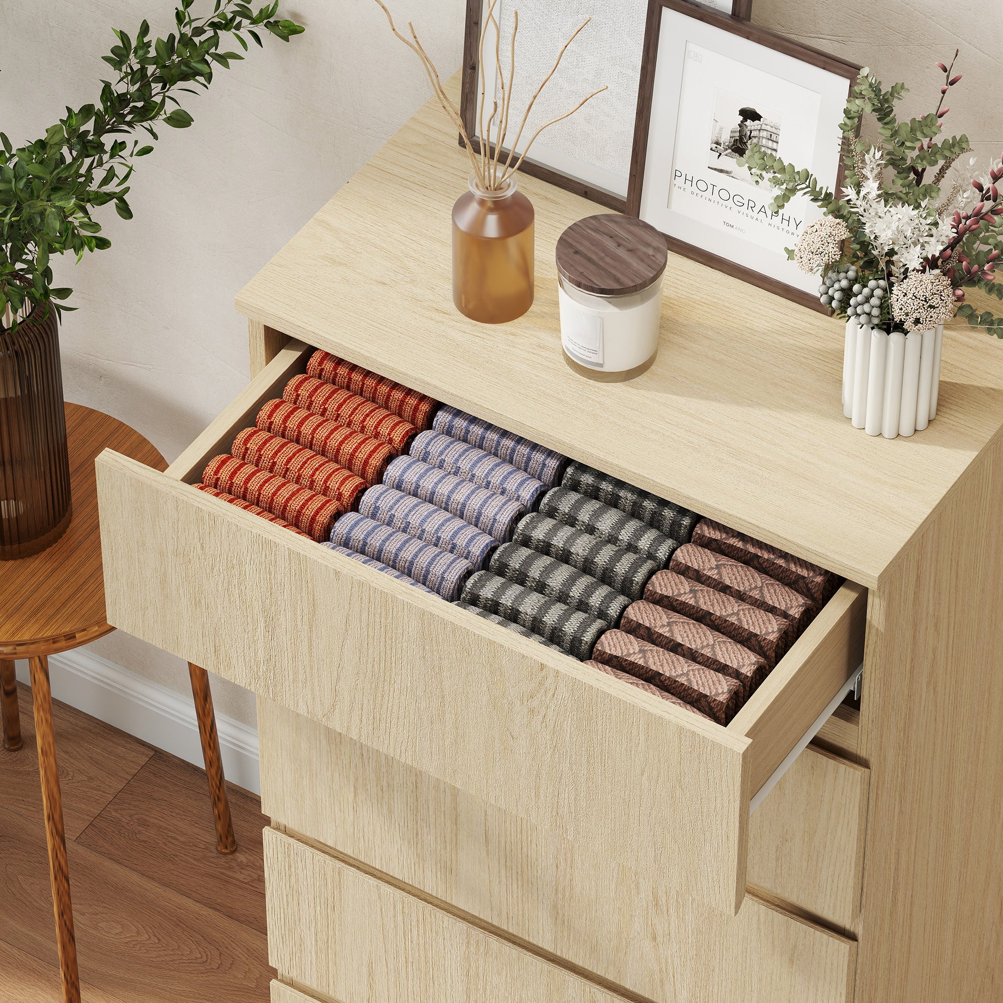 Chest of Drawers, 5 Drawers Storage Cabinet Floor Tower Cupboard for Bedroom Living Room, Natural Wood