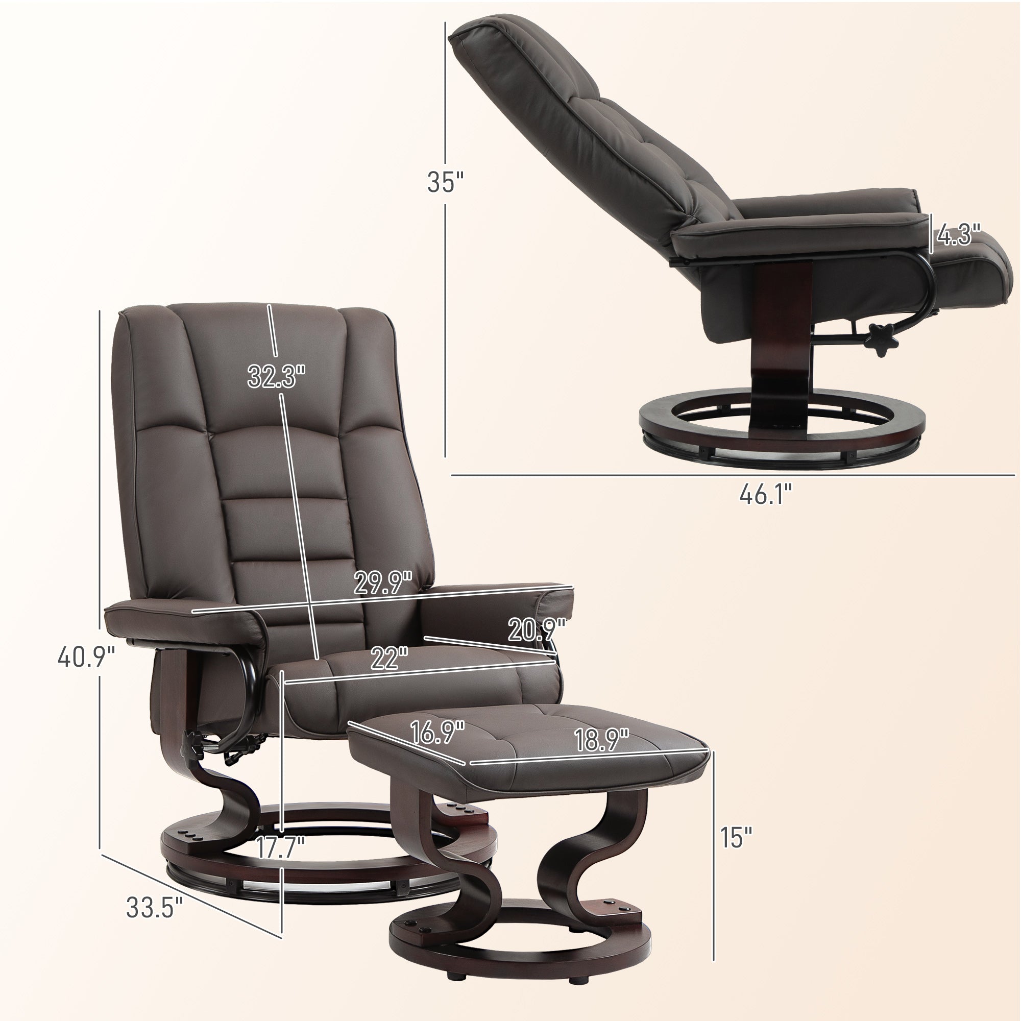 Faux Leather Reclining Chair with Ottoman, Manual Recliner with Tufted Back and Wood Frame for Living Room, Brown