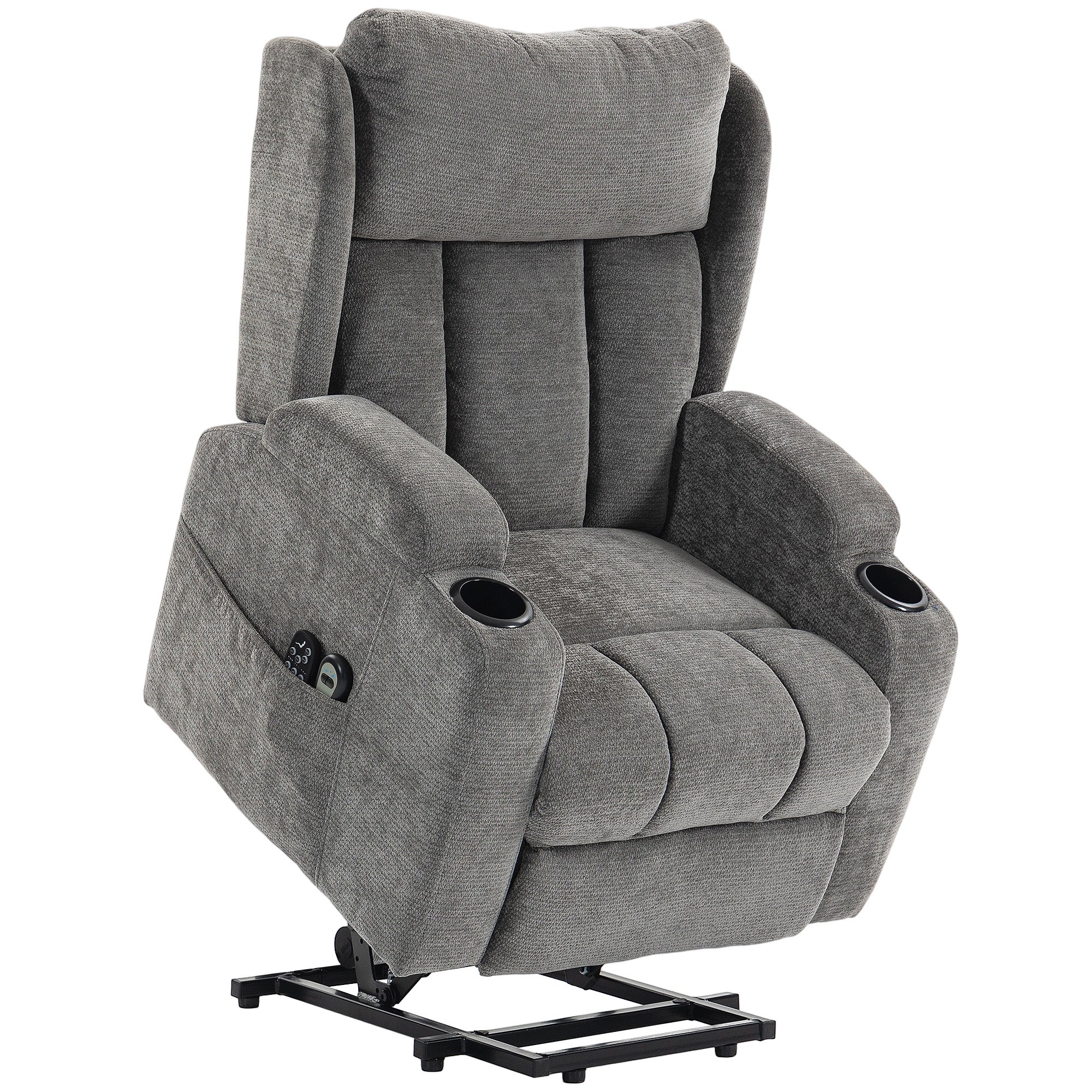 Power Lift Recliner Chair with Vibration Massage and Heat, Chenille Riser and Recliner Armchair for Elderly with Folding Headrest, Spring Cushion, Wide and High Back, Cup Holders, Remote, Grey
