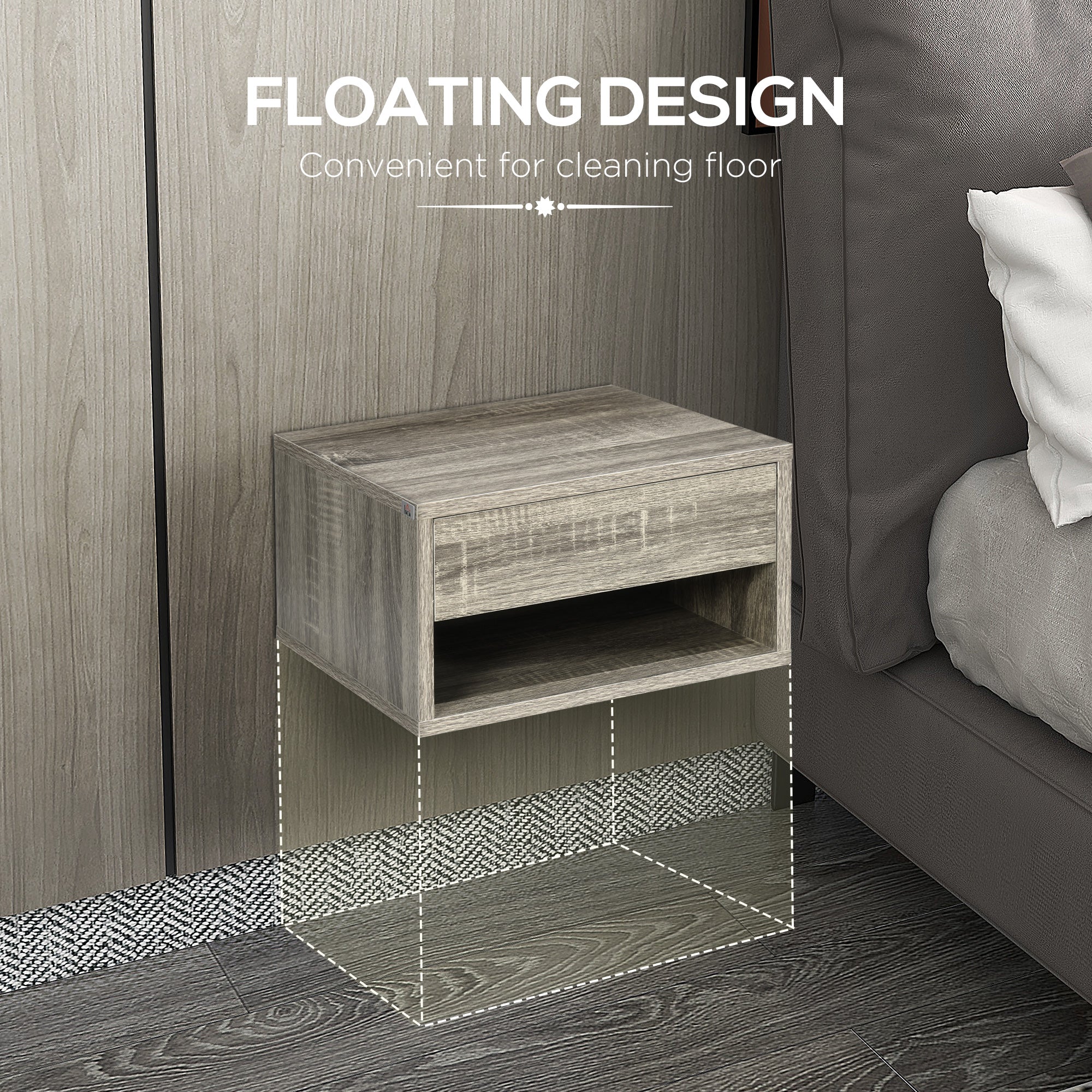 HOMCOM Floating Bedside Table Set of 2 Wall Mounted Nightstand with Storage Drawer and Open Shelf for Bedroom, Weathered Brown Wood-Effect