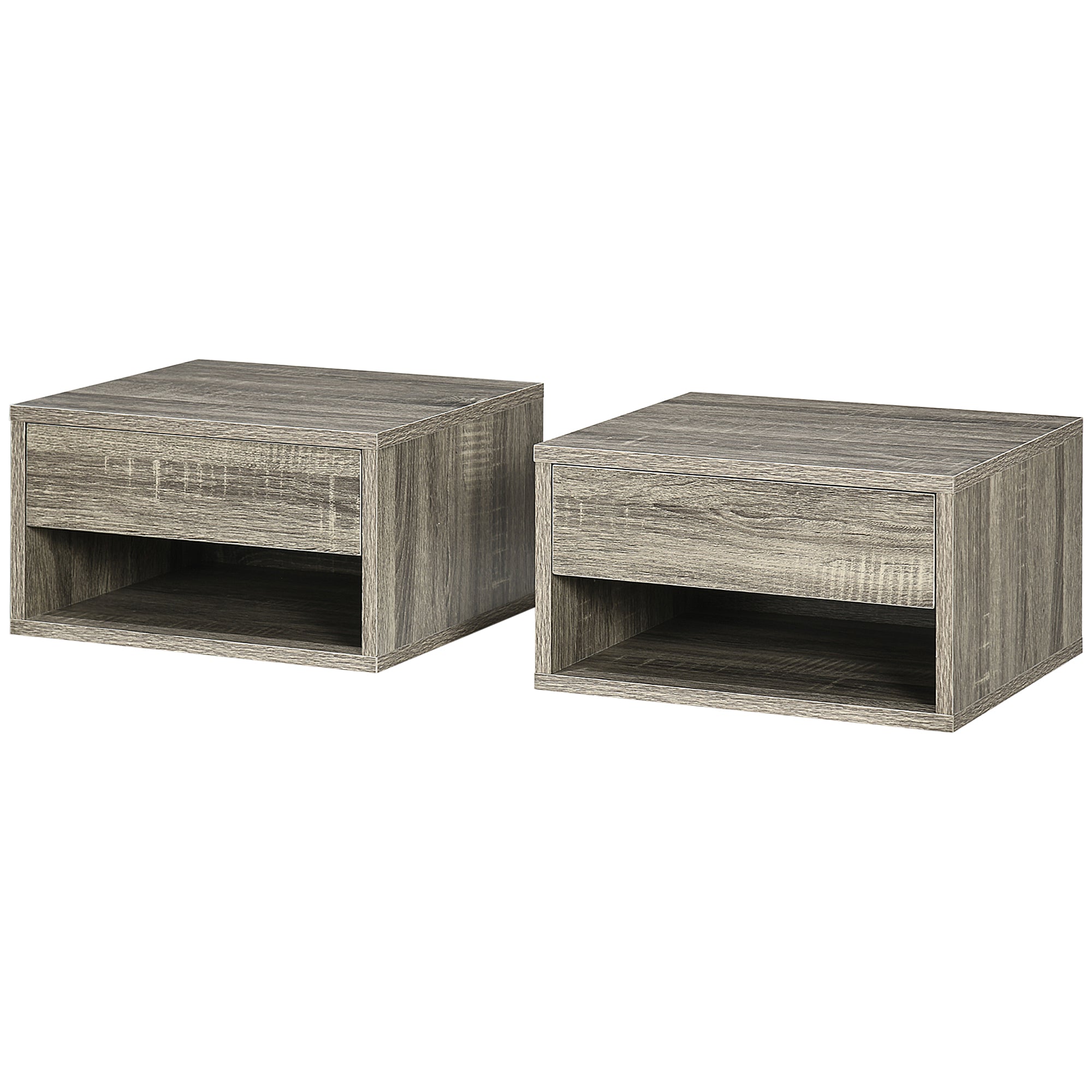 HOMCOM Floating Bedside Table Set of 2 Wall Mounted Nightstand with Storage Drawer and Open Shelf for Bedroom, Weathered Brown Wood-Effect