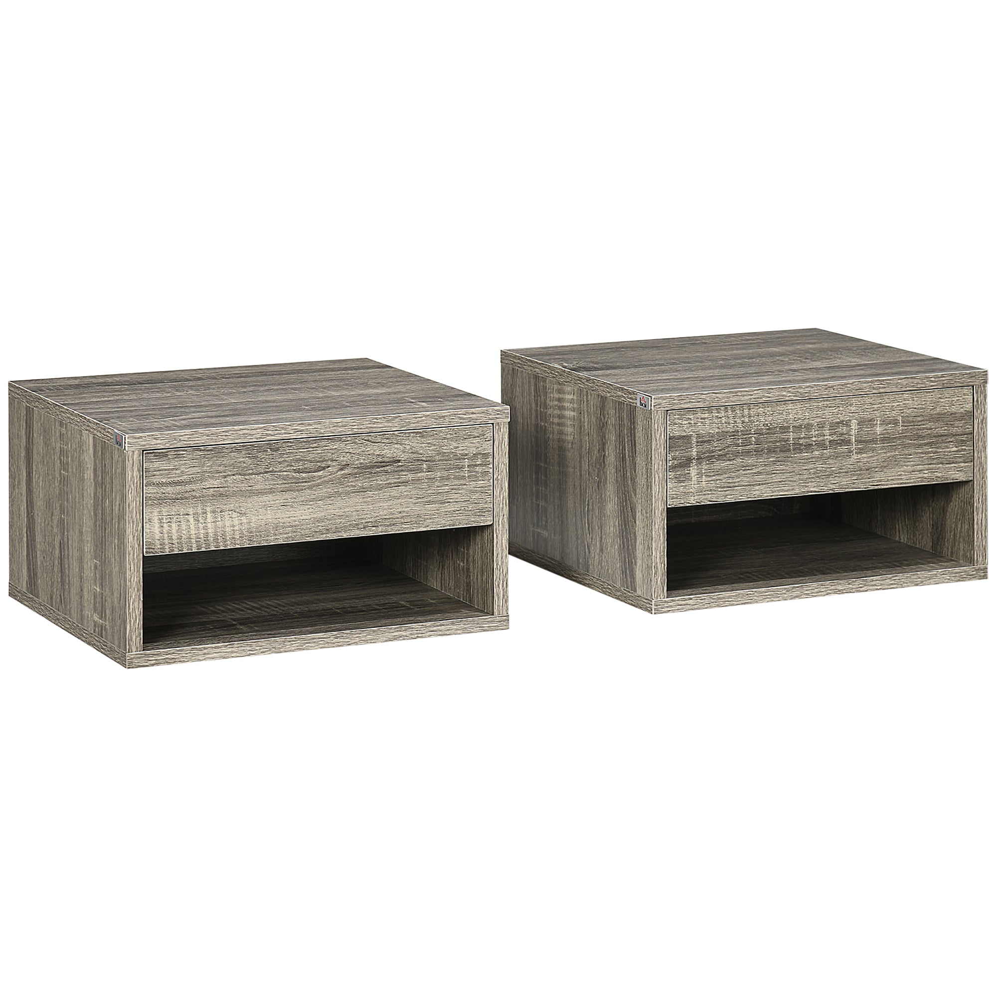 HOMCOM Floating Bedside Table Set of 2 Wall Mounted Nightstand with Storage Drawer and Open Shelf for Bedroom, Weathered Brown Wood-Effect
