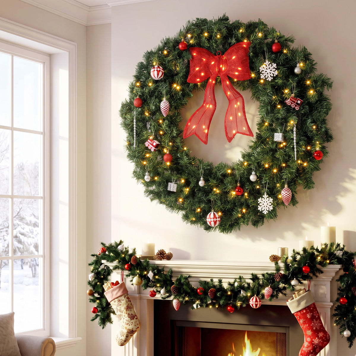 36 Inch Pre-Lit Christmas Wreath for Front Door with 130 LED Lights, Lighted Bow and 21 Ornament Set, Artificial Xmas Wreath for Covered Porch, Wall Decoration, Green