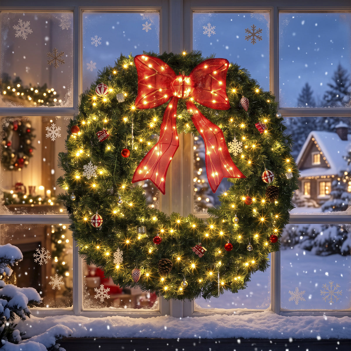 36 Inch Pre-Lit Christmas Wreath for Front Door with 130 LED Lights, Lighted Bow and 21 Ornament Set, Artificial Xmas Wreath for Covered Porch, Wall Decoration, Green