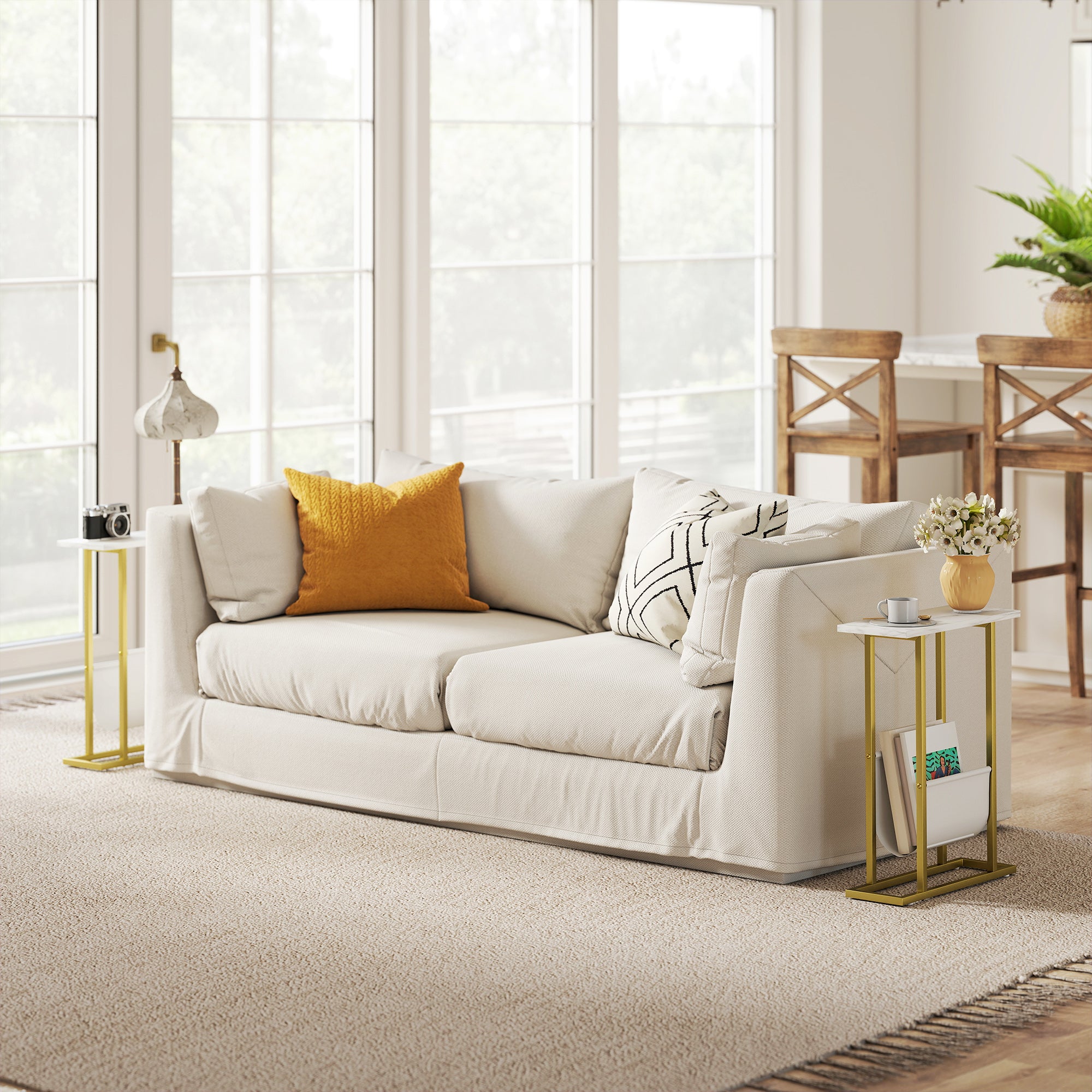 Narrow Side Table, Slim End Table with Magazine Holder, Modern Nightstand for Small Spaces, Living Room, Bedroom, 45 x 18 x 58.5 cm, White Marble Grain