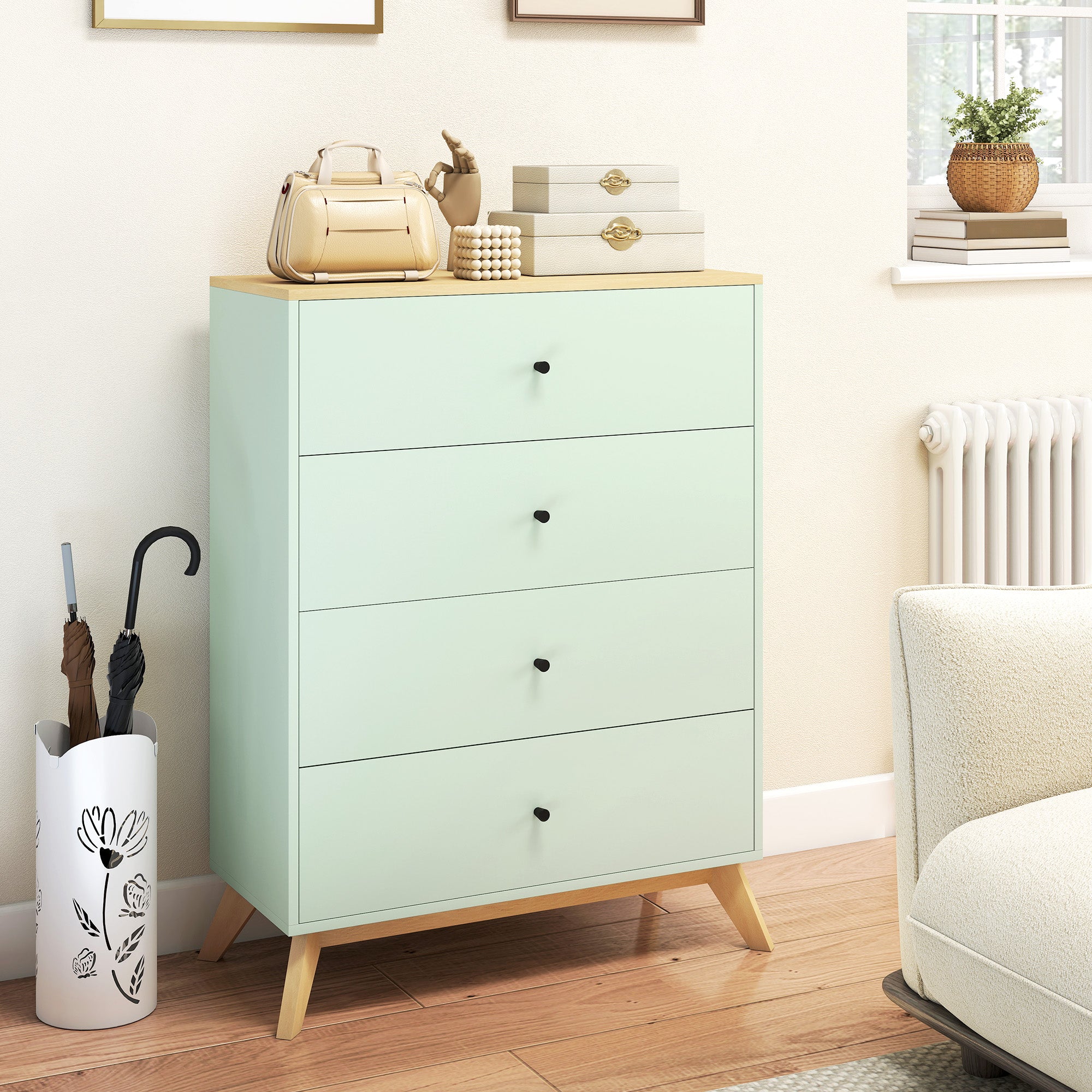 Chest of Drawers, 4 Drawer Storage Cabinet Floor Tower Cupboard for Bedroom Living Room, Light Green and Oak