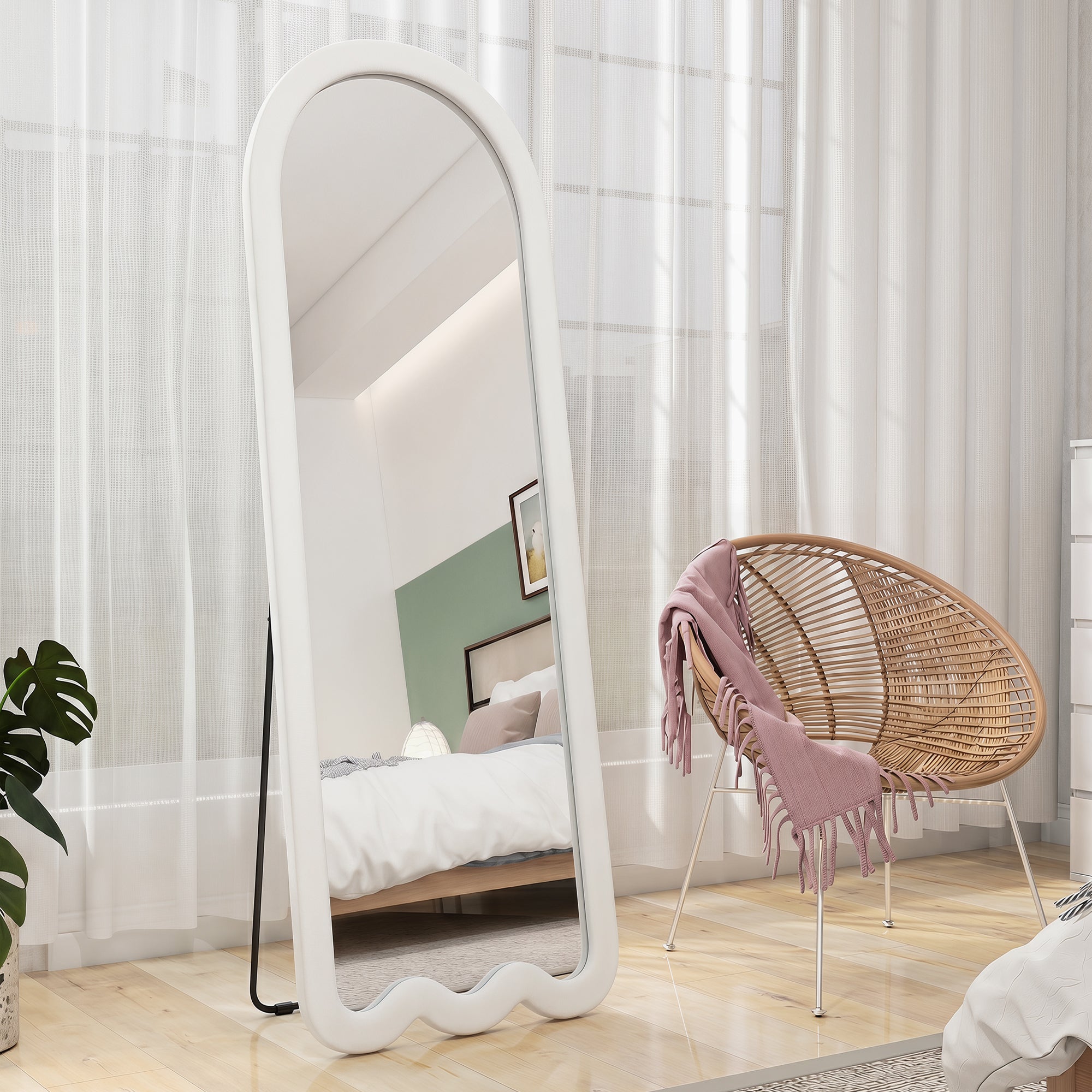 64"x 24" Full Length Mirror, Free Standing, Leaning or Wall Mounted Full Body Mirror, Soft Padded Frame and Arched Wavy Design for Bedroom, Living Room, White