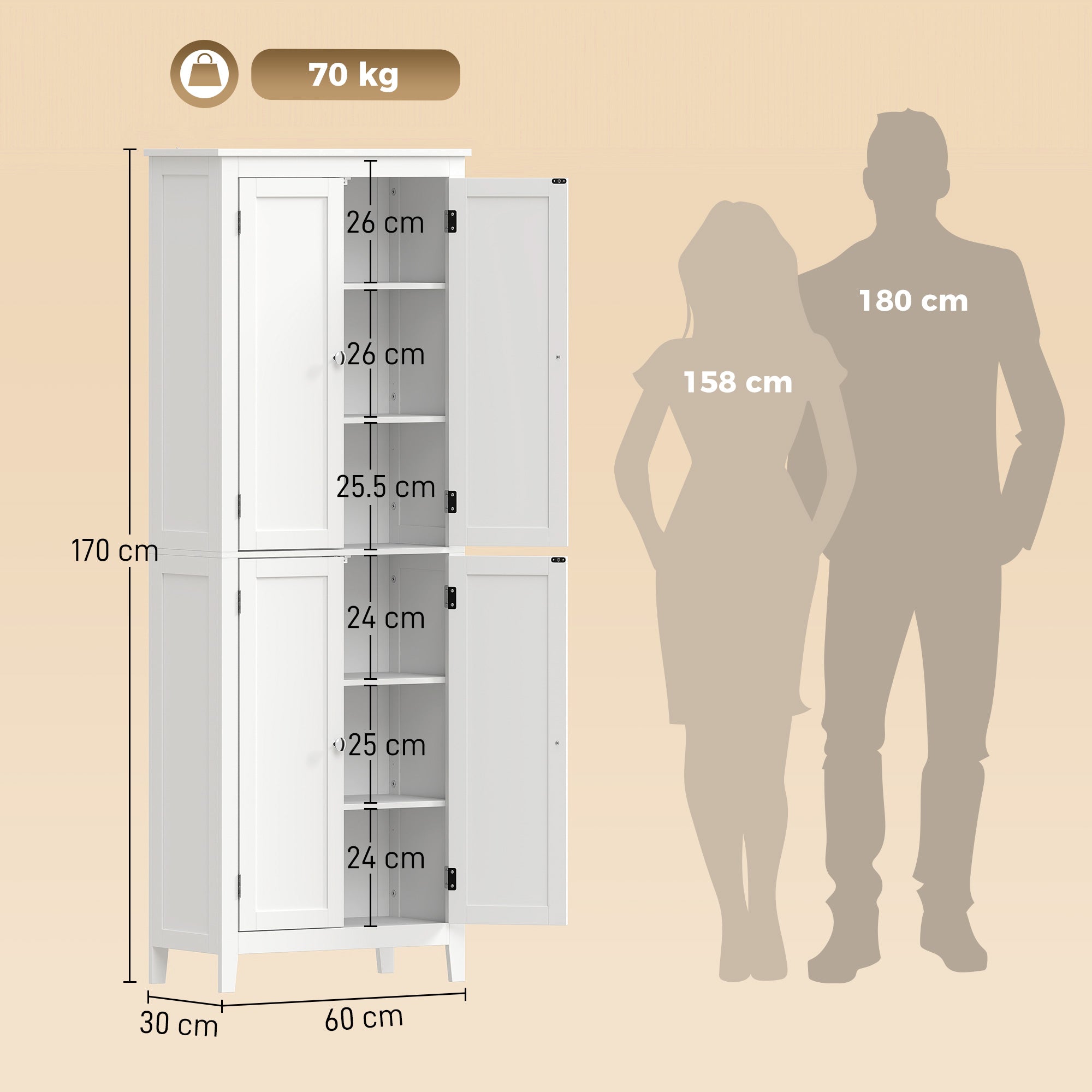 170 cm Tall Bathroom Storage Cabinet, Freestanding Narrow Bathroom Cabinet with Adjustable Shelves for Laundry Room, Living Room, Entryway, Kitchen, White