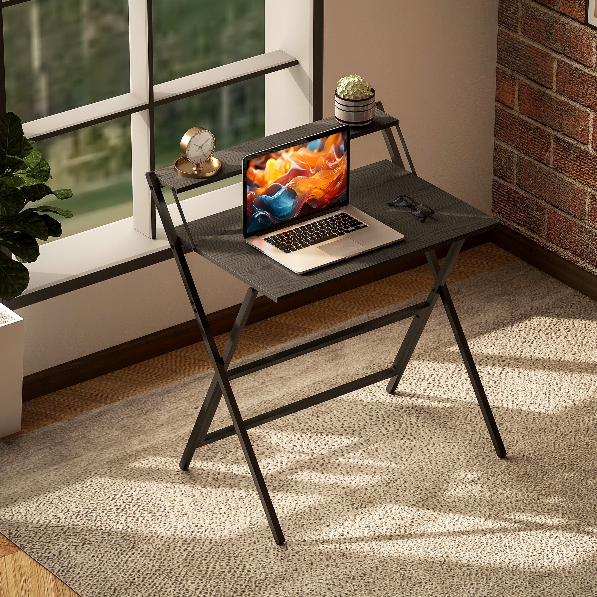 Folding Desk with Monitor Shelf, 81.5 cm Foldable Computer Desk for Small Spaces, Space Saving Writing Table Workstation for Home Office, Study, Easy Assembly, Black