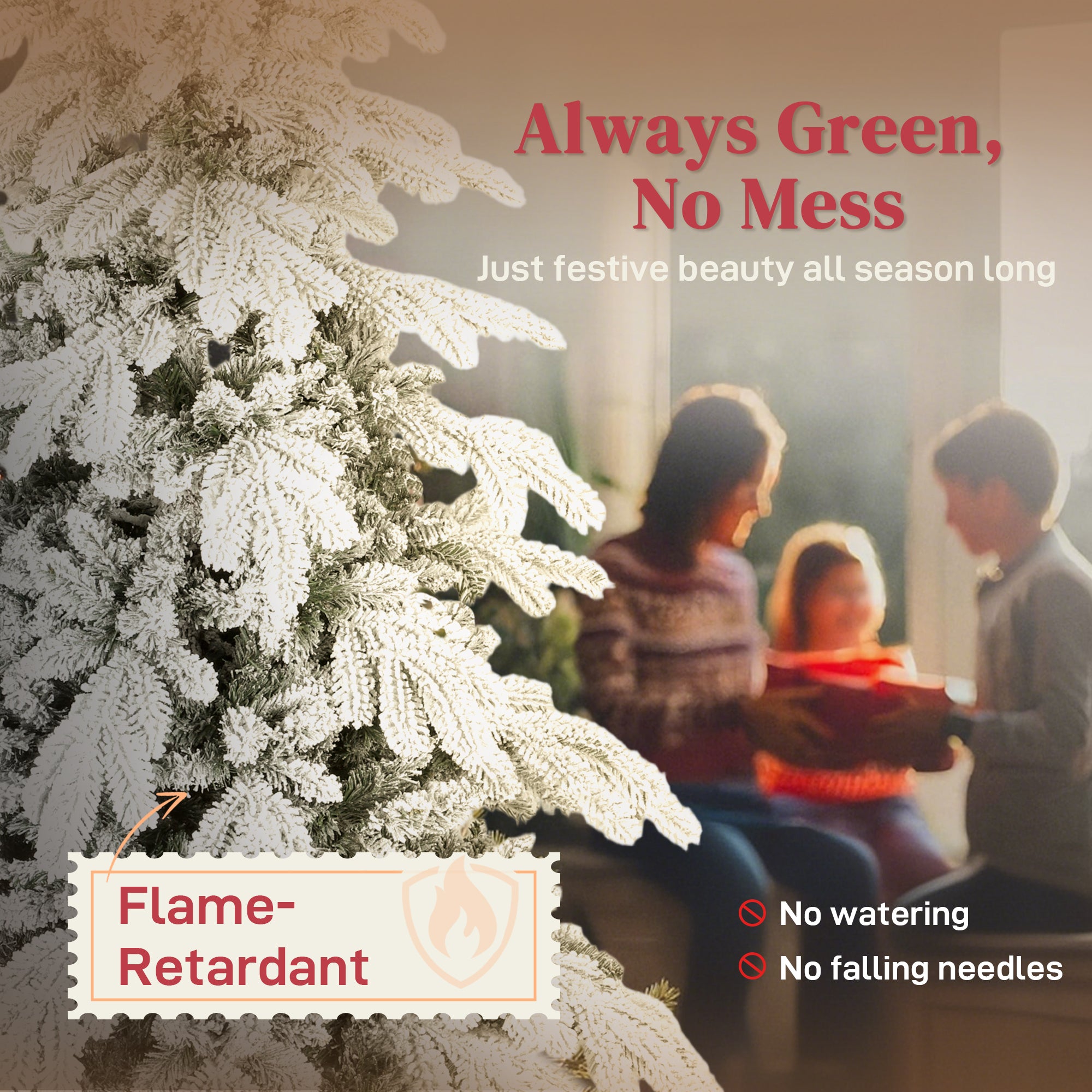 6ft Artificial Christmas Tree, Snow Flocked Christmas Tree with Realistic Dense Branches, Hinged Design, Metal Stand, Wide Shape, Easy Assembly, Xmas Home Decoration, Green White