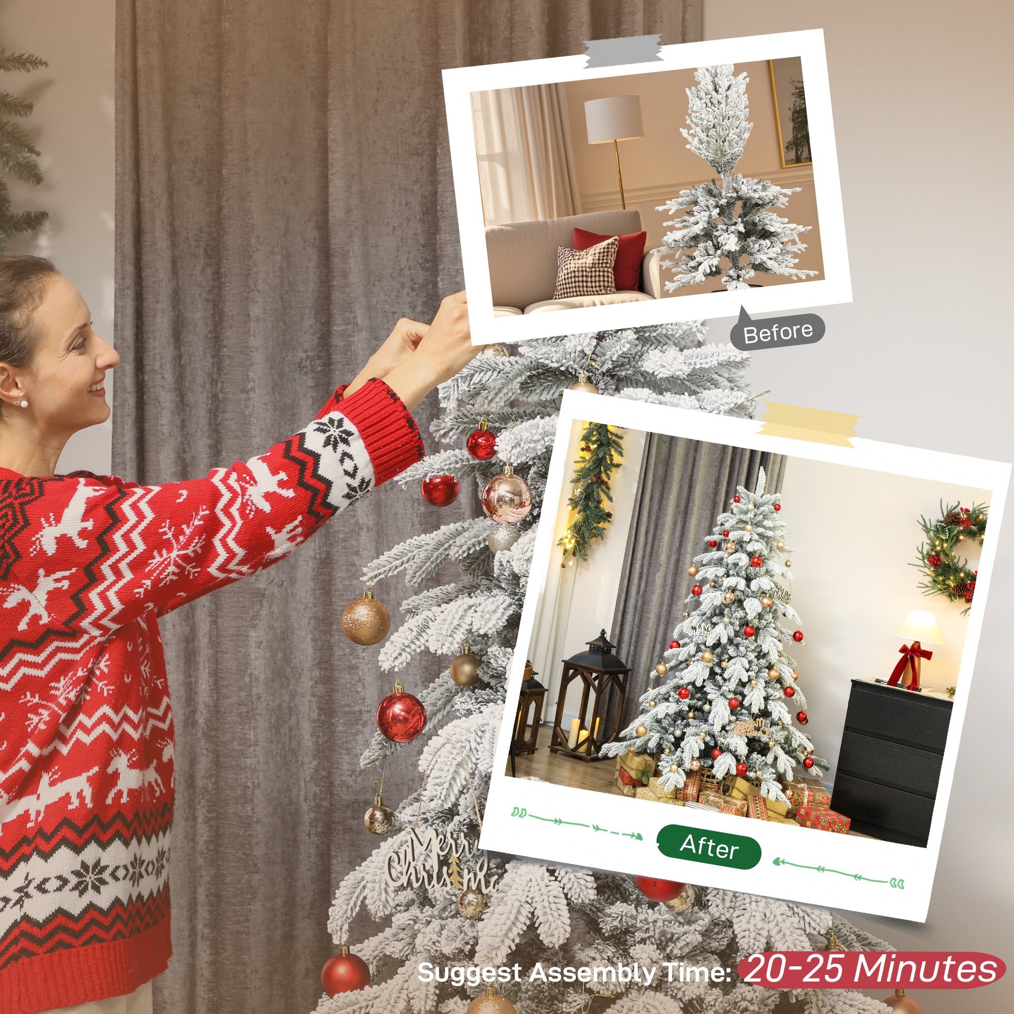 6ft Artificial Christmas Tree, Snow Flocked Christmas Tree with Realistic Dense Branches, Hinged Design, Metal Stand, Wide Shape, Easy Assembly, Xmas Home Decoration, Green White