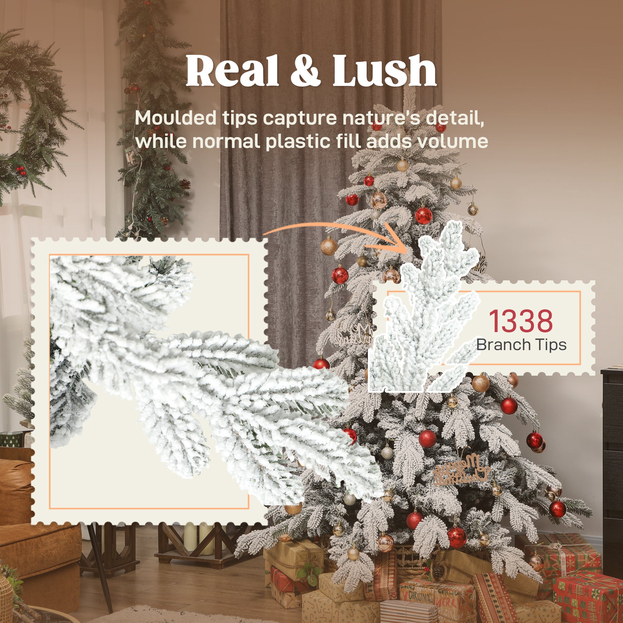 6ft Artificial Christmas Tree, Snow Flocked Christmas Tree with Realistic Dense Branches, Hinged Design, Metal Stand, Wide Shape, Easy Assembly, Xmas Home Decoration, Green White