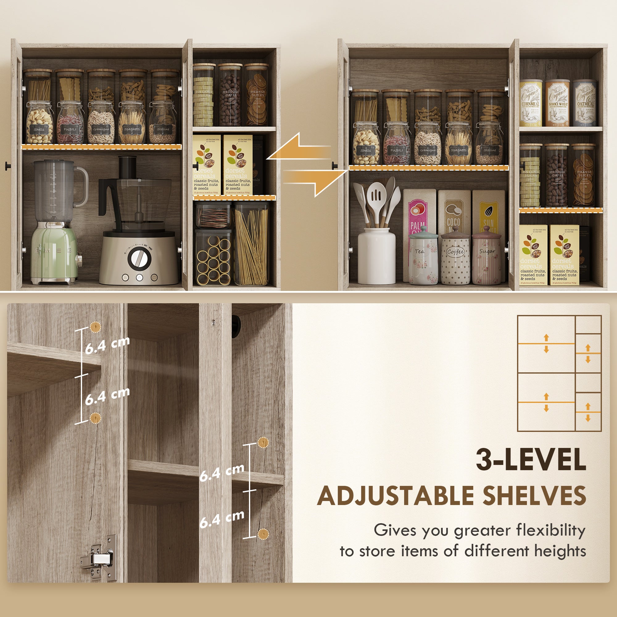 172 cm Tall Kitchen Cupboard, Pantry Storage Cabinet with Tempered Glass Doors and Soft-Close Hinges, Freestanding Kitchen Cabinet with Adjustable Shelves and 6 Open Shelves, Light Grey