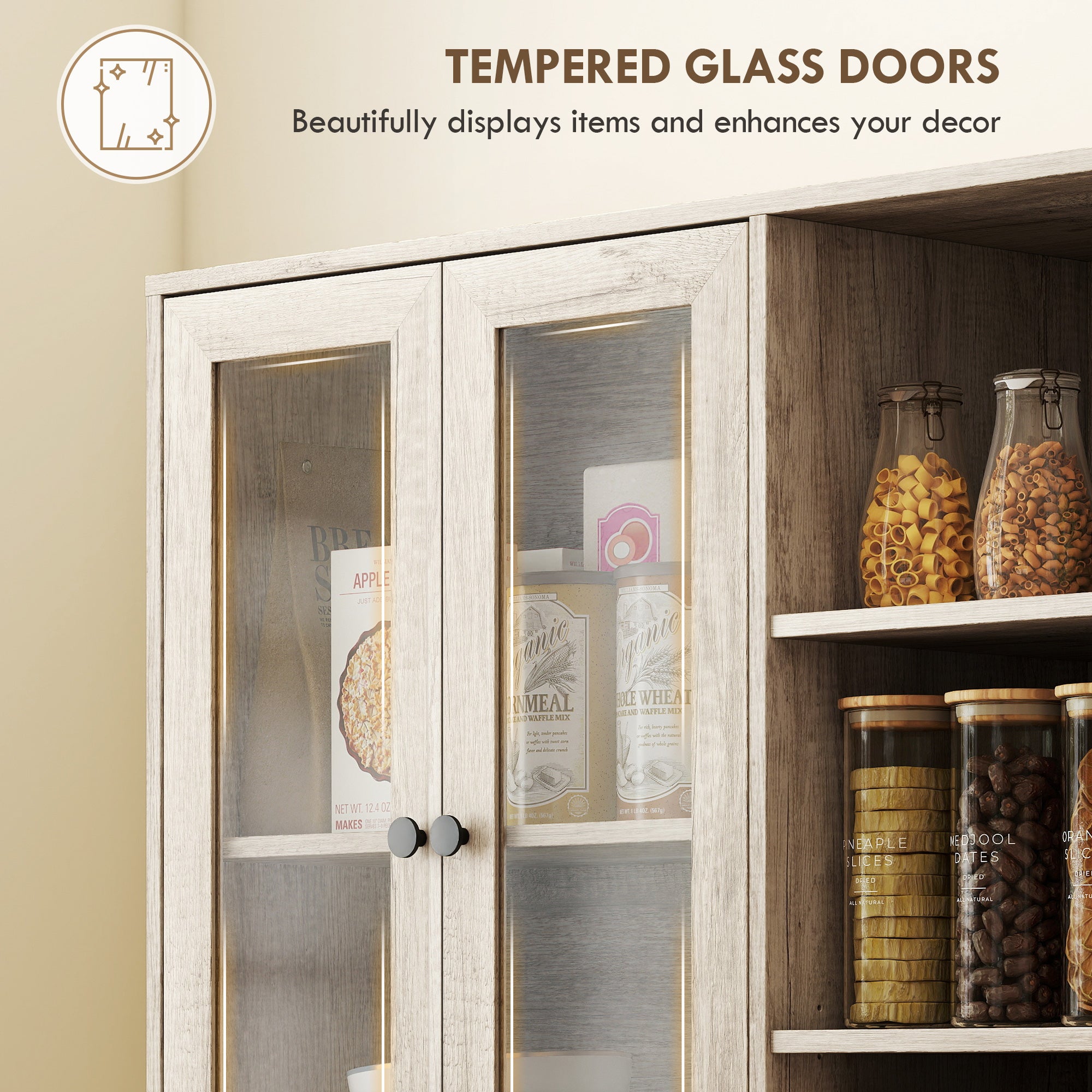 172 cm Tall Kitchen Cupboard, Pantry Storage Cabinet with Tempered Glass Doors and Soft-Close Hinges, Freestanding Kitchen Cabinet with Adjustable Shelves and 6 Open Shelves, Light Grey