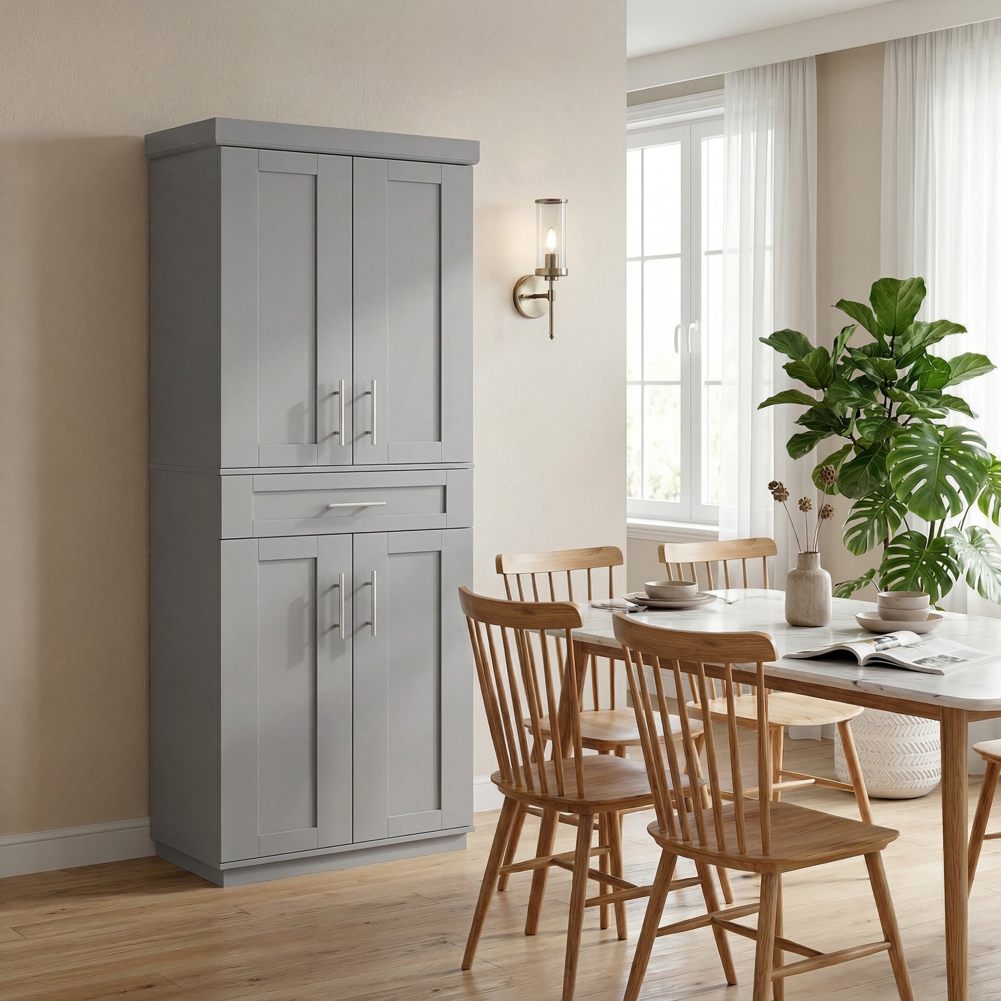 72" Kitchen Pantry Cabinet, Freestanding Tall Storage Cabinet with 4 Doors, Drawer and 3 Adjustable Shelves for Dining Room, Gray