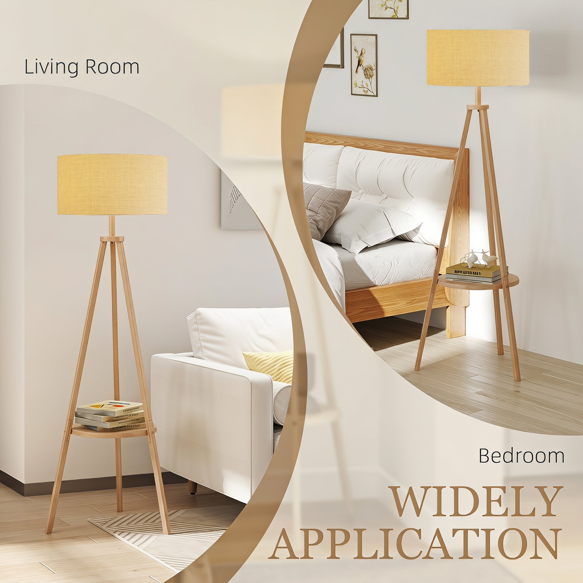Tripod Floor Lamp, Freestanding Bedside Reading Light with Storage Shelf and Linen-Look Shade for Living Room and Bedroom, 160 cm, Natural Wood Colour