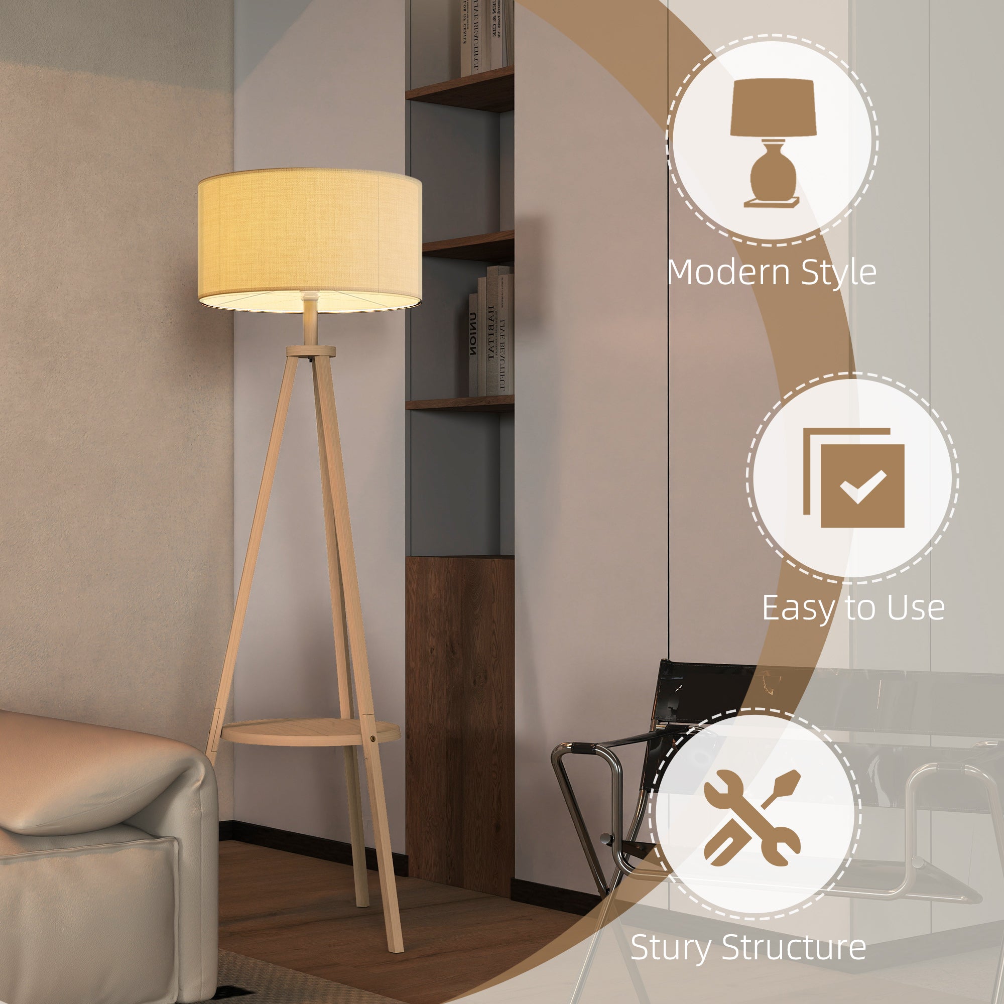 Tripod Floor Lamp, Freestanding Bedside Reading Light with Storage Shelf and Linen-Look Shade for Living Room and Bedroom, 160 cm, Natural Wood Colour