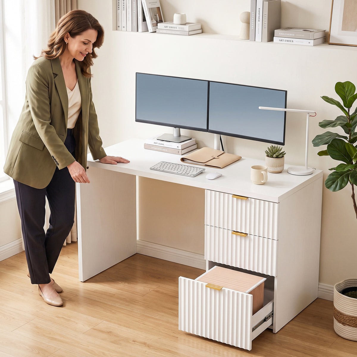 Computer Desk with 3 Drawers, 47" Reversible Home Office Desk with Storage, Thick Top, Modern Study Table with File Drawer for A4 and Letter Size, Bedroom, Studio, White