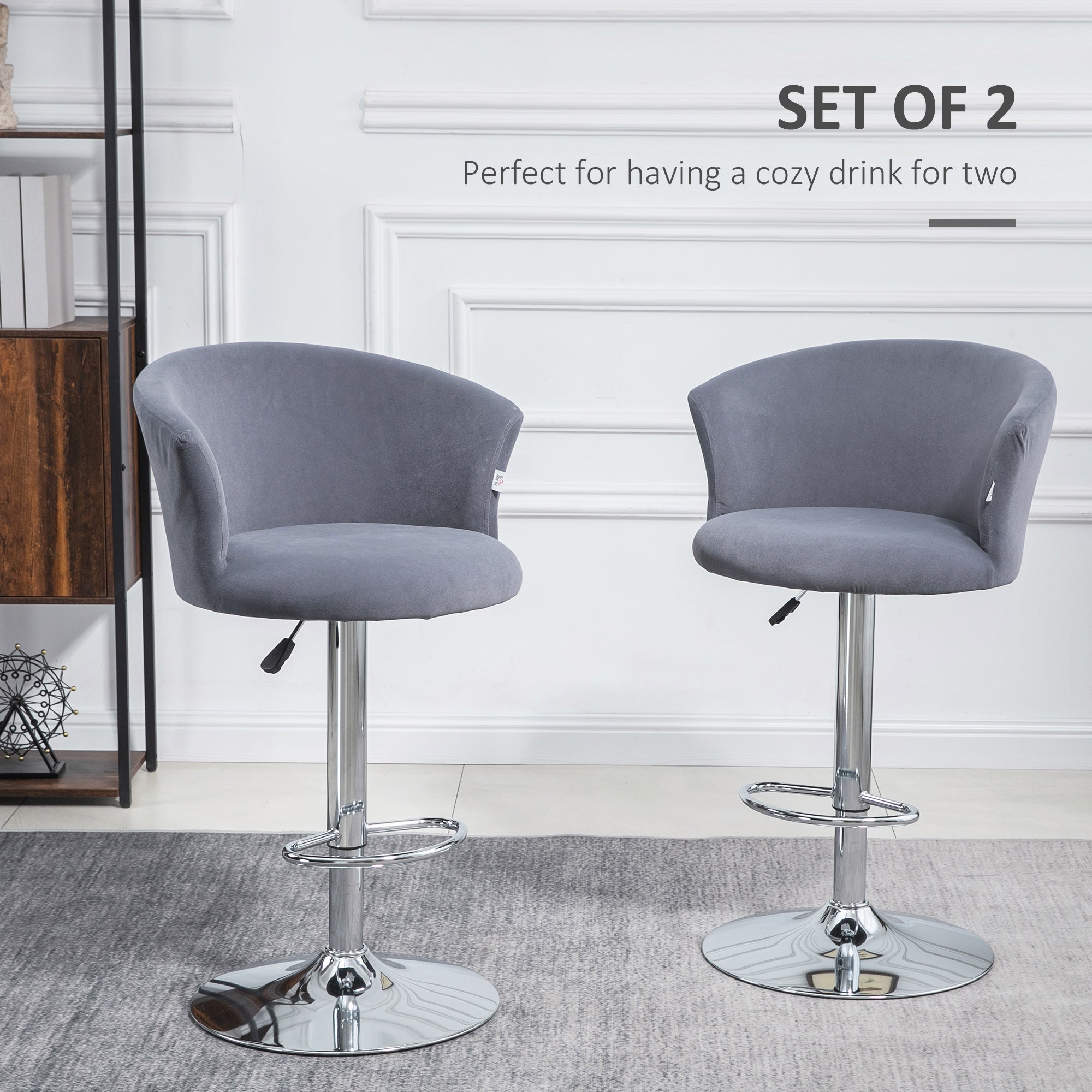 Adjustable Bar Stools Set of 2 Velvet Upholstered Kitchen Stool Swivel Counter Height Grey